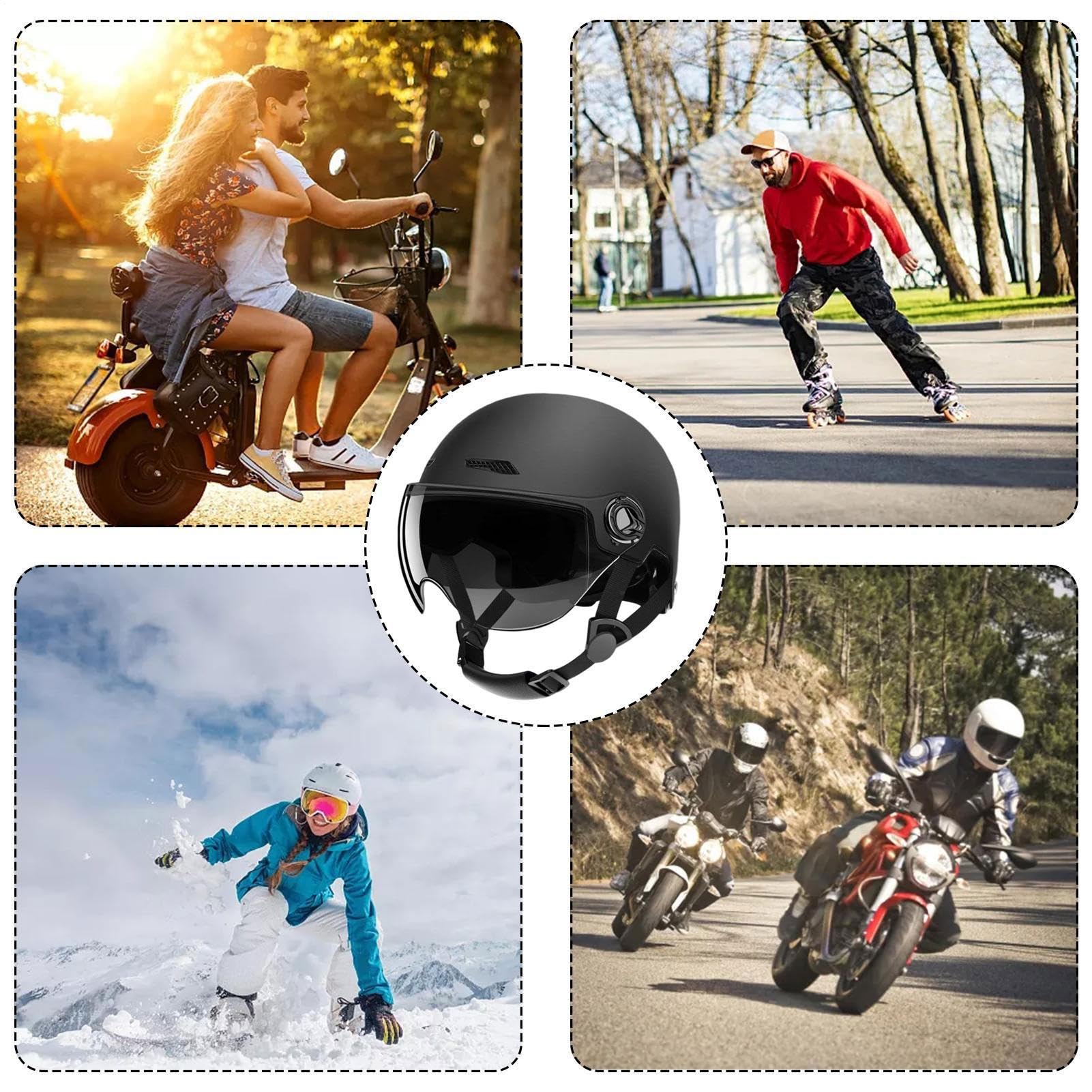 Casco Per Adulti Con Visiera, Casco Moto Aperto, Casco Scooter per Adulti Uomo e Donna, Calotta In Abs Combinata Con Strato Tampone In E-P-S Per Fornire Una Migliore Protezione Alla Guida