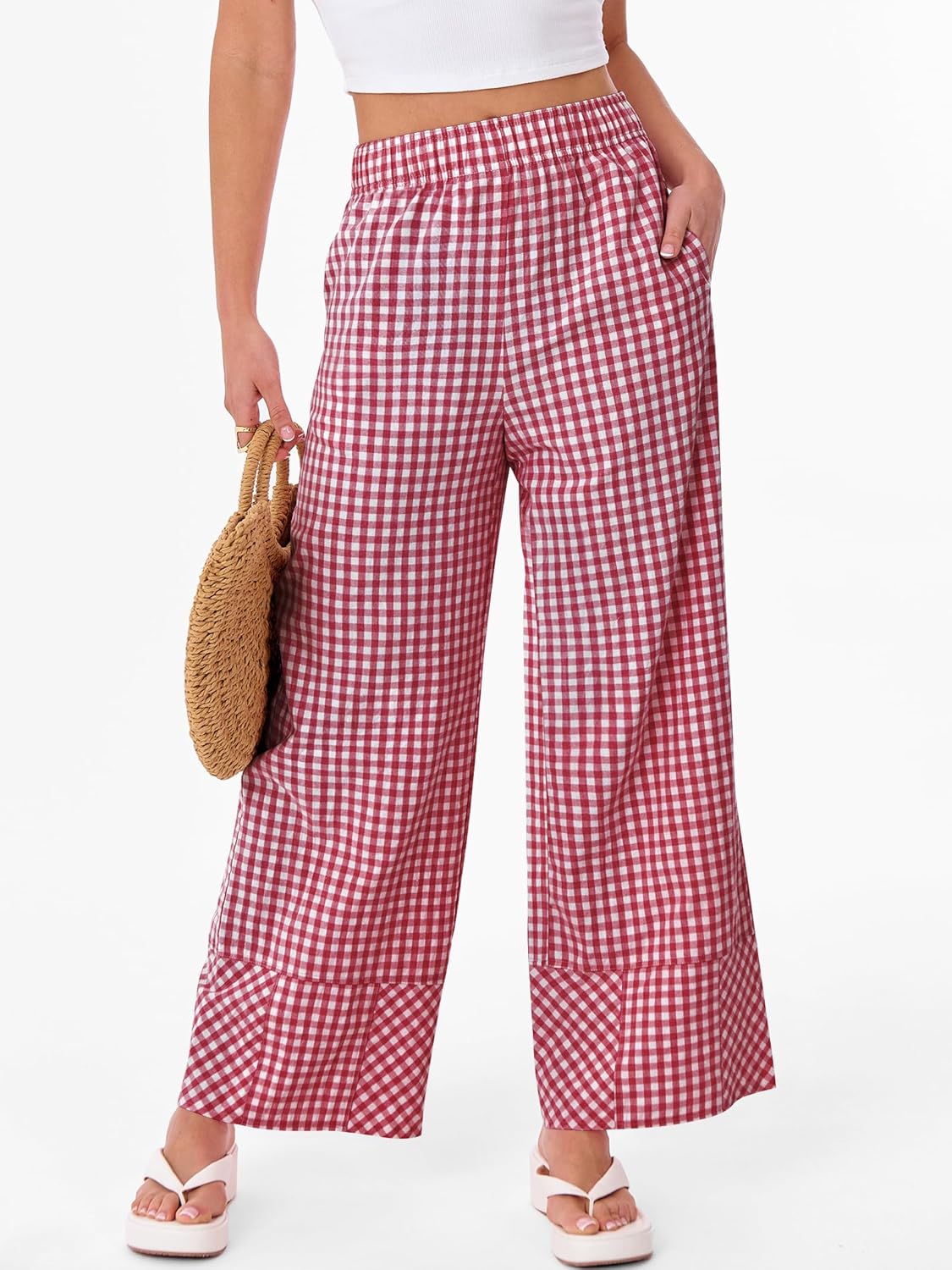 ANRABESS Womens Gingham Pants Checkered Plaid Striped Boxer Wide Leg Palazzo Pants Lounge PJ Bottoms Trousers with Pockets - Image 2