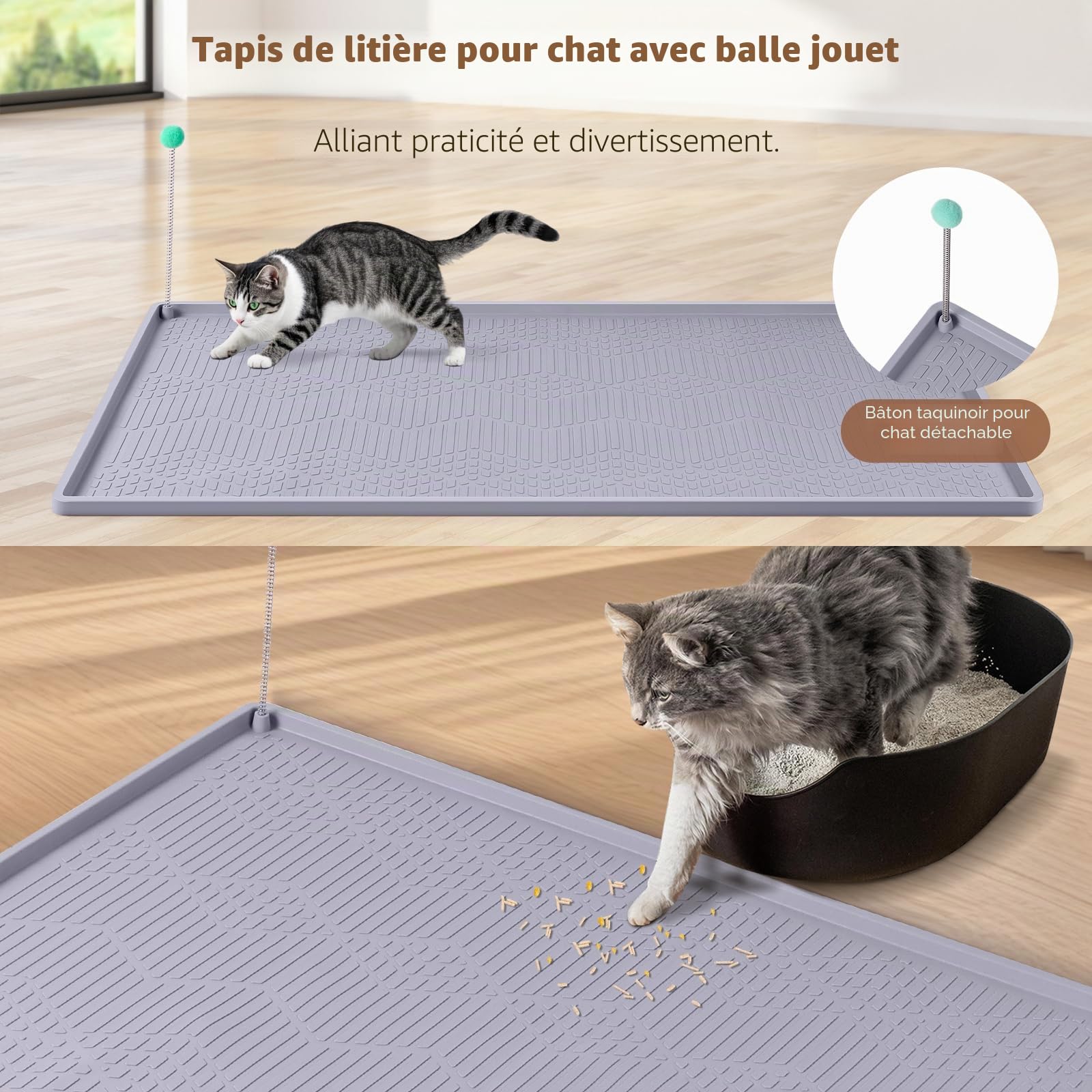 Silicone Tapis Litiere Chat avec Baguette pour Chatons, 96x63CM Tapis Sortie de Litiere Chat, Doux pour Les Pattes des Chatons, Facile à Nettoyer (Gris Clair)