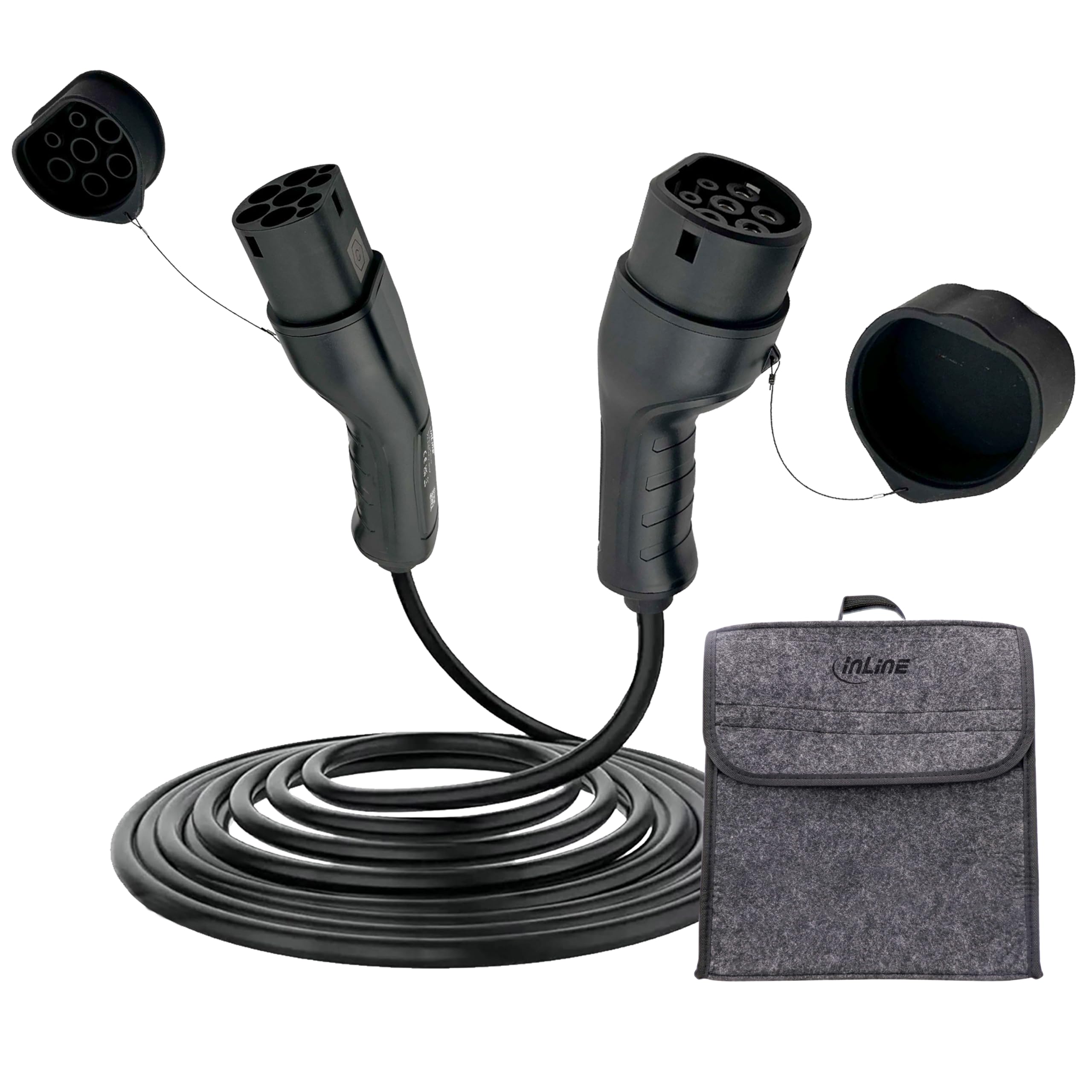 Inline 16277I - Cable de Carga para Coche eléctrico (7,5 m, Tipo 2 EN 62196, Incluye Bolsa de Almacenamiento, 11 kW máx./7,4 KW/3,7 KW, 16 A, 3 Fases, Compatible con Modelos como i3, IX, ID.3, ID.4