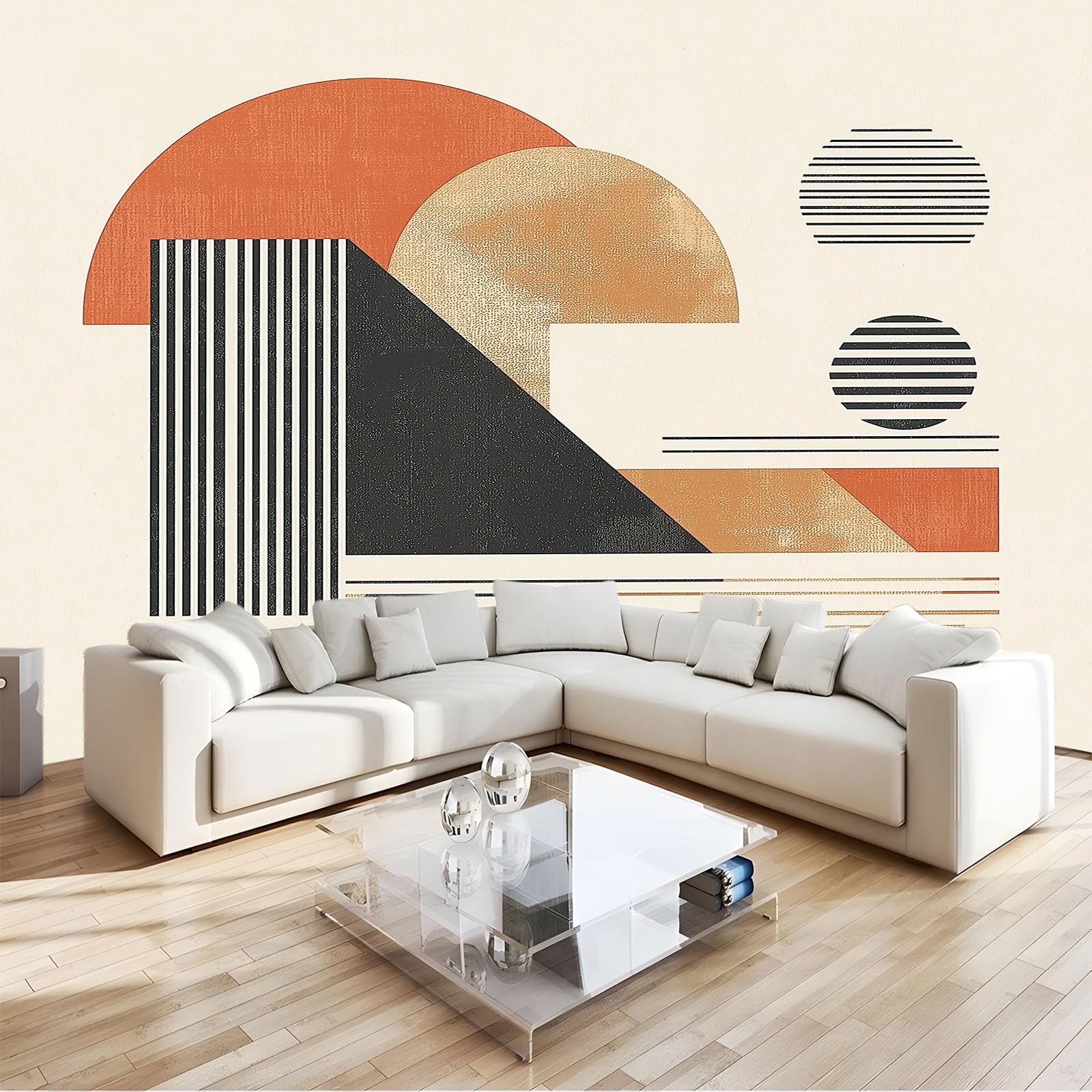 Abstrakcyjne geometryczne linie minimalistyczne 3D panoramiczna tapeta 300 x 210 cm, fototapeta z włókniny | Dekoracja ścienna Fototapeta Sypialnia Beżowa dla dzieci,