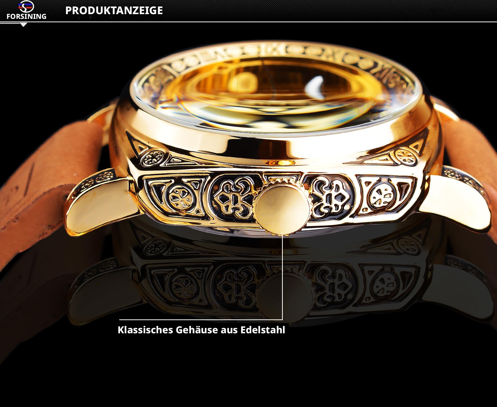 FORSINING Fancy Uhren für Männer, quadratische Retro mechanische Uhr Self-Wind geschnitzt, Gear Uhrwerk Golden Skelett Luxus Automatische Uhren Vintage Lederarmband Armbanduhr
