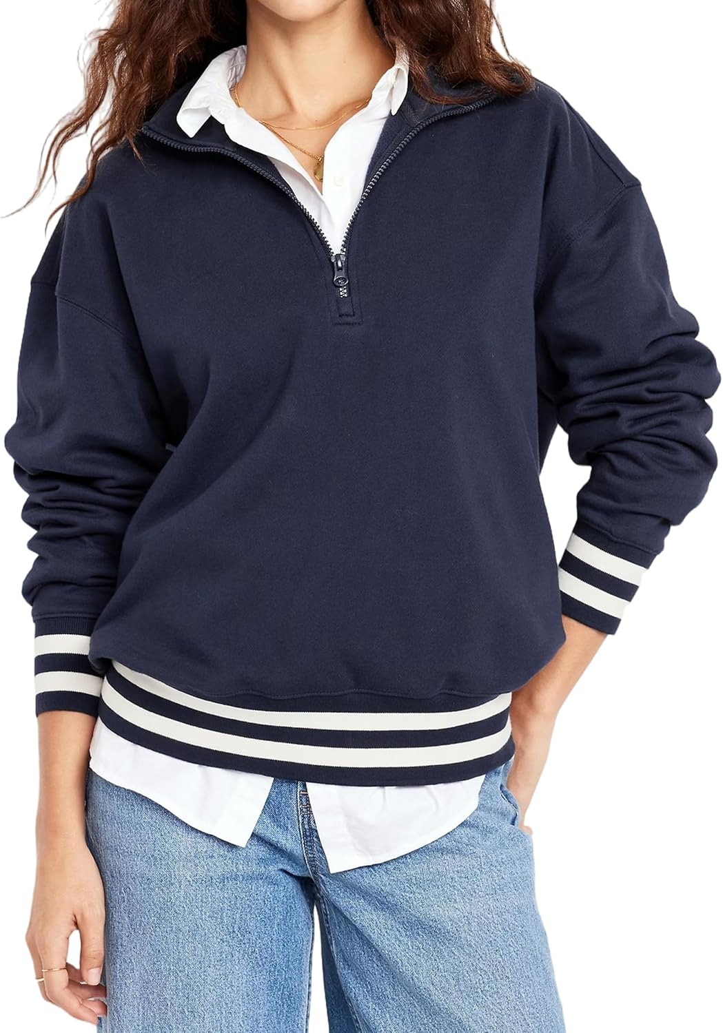 Dsewpaur Women’s Half Zip Sweatshirts Collar Long Sleeve Stripes Pullover Loose Sweater Y2k Casual Pullover Top Clothes 2025