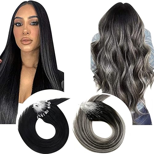 LaaVoo Extensiones de cabello humano con microcuentas de 14 pulgadas, color negro apagado a gris plateado, 1.76 oz50 s, extensiones de cabello