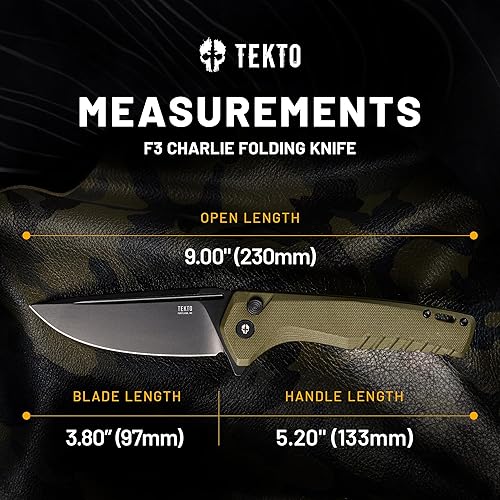 Miniatura 6 de TEKTO F3 Charlie - Cuchillo plegable con bloqueo de botón, hoja de borde fino, mango táctico OD verde G10, cuchillo de bolsillo fácil de abrir con