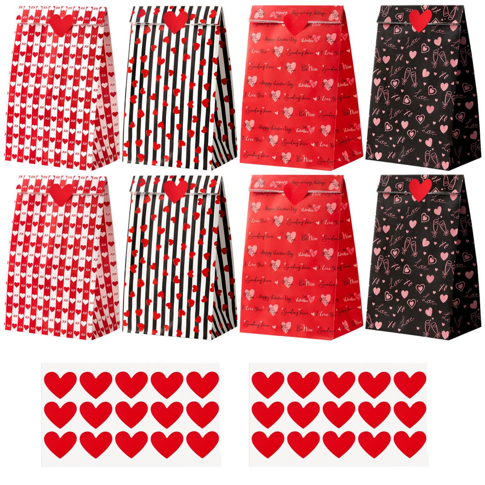 Jutieuo 24 PCS Valentine's Day Gift Bags with Heart Labels, Cute Black Red Valentine Paper Treat Bags Goodie Bag for Valentines Party Favors
