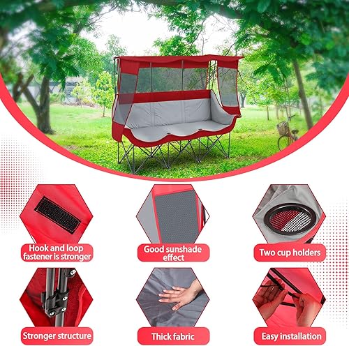 Miniatura 4 de Silla de campamento de gran tamaño para 3 personas con toldo totalmente acolchada, plegable, para campamento, playa, césped, para verano, otoño,