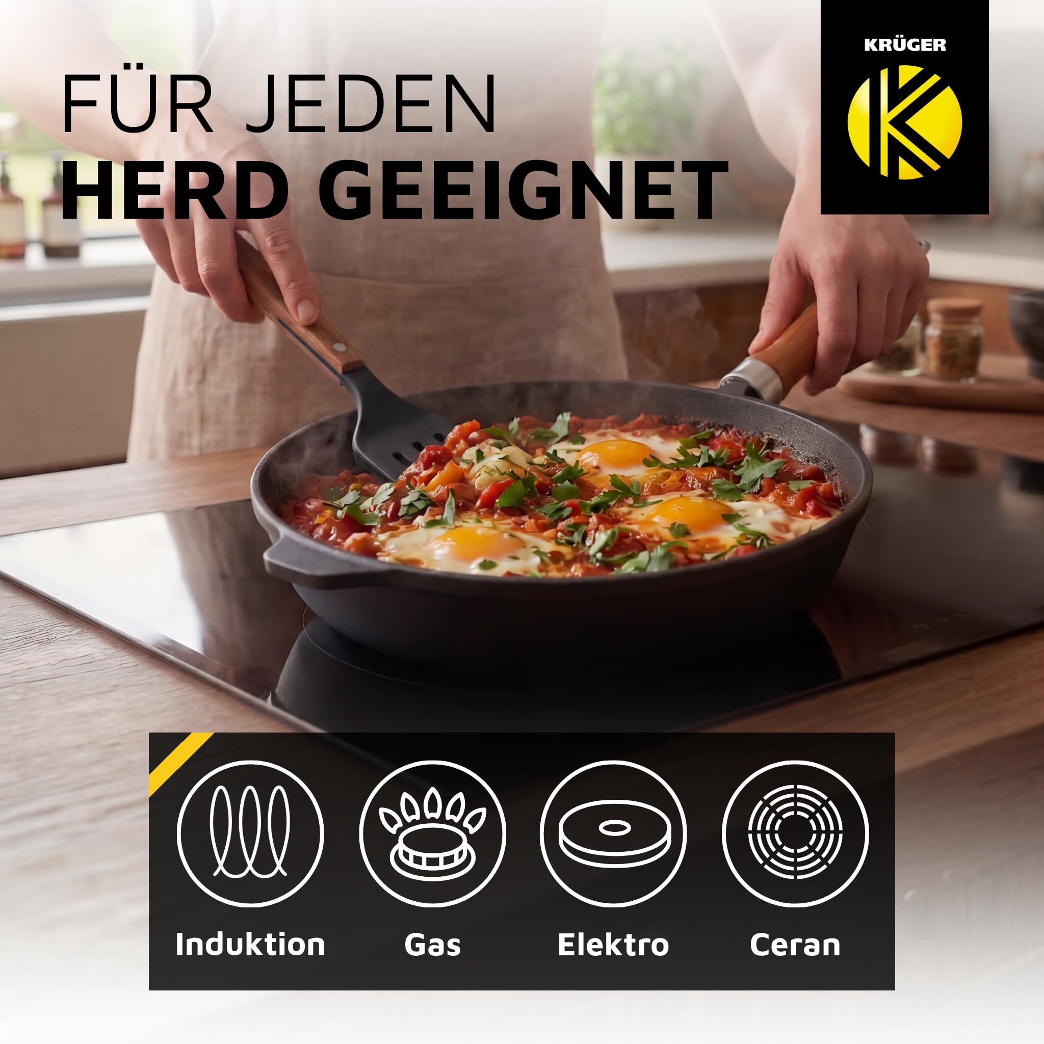 KRÜGER Eisenguss-Pfanne Rustica, Emaile, Ø 28 cm, Schwarz