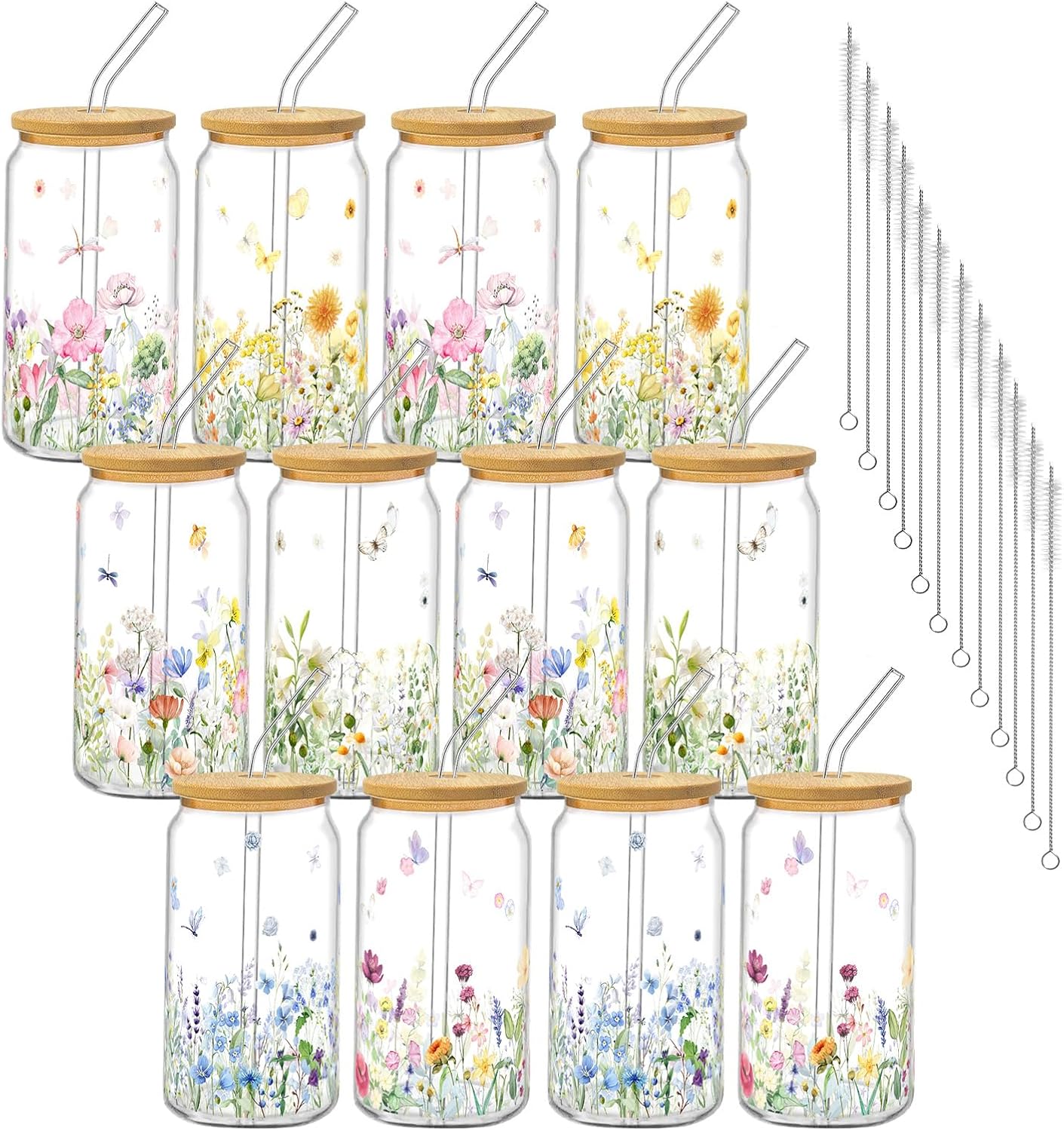 12Pcs Wildflower Floral Glass Cups with Lids and Straws 16oz Botanical Drinking Glasses Cups Iced Coffee Cup for Women Mom Nature Lover Coffee Tumbler Spring Summer Party Favors Gifts