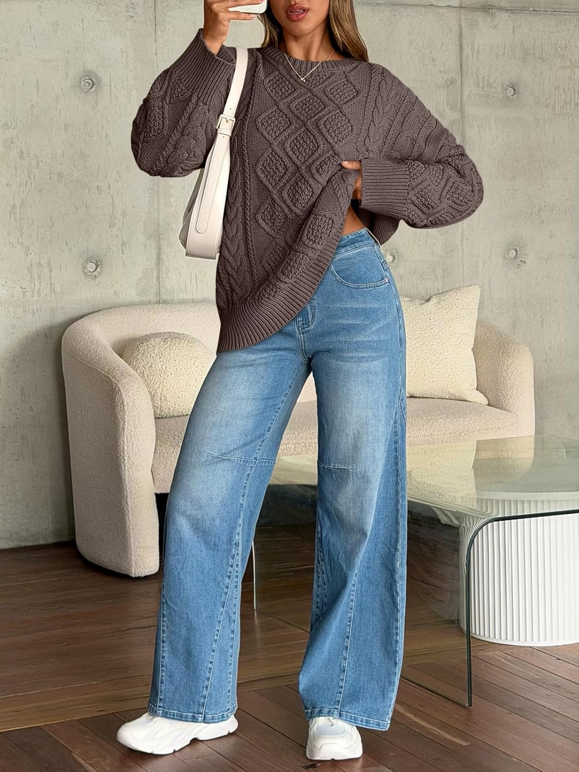 Trendy Queen Women's Oversized Cable Knit Crewneck Sweaters Cozy Winter Clothes - Image 6