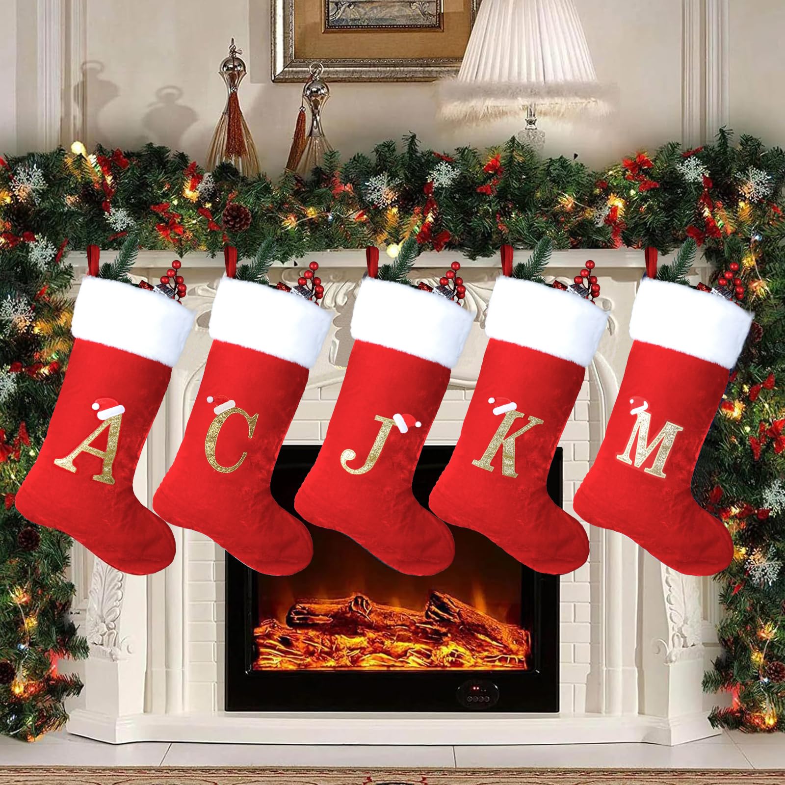 MSQ Chaussettes de Noël personnalisées de 45 cm avec Lettre C Rouge Velours | super doux pour Noël sapin de Noël vacances cheminée famille décoration