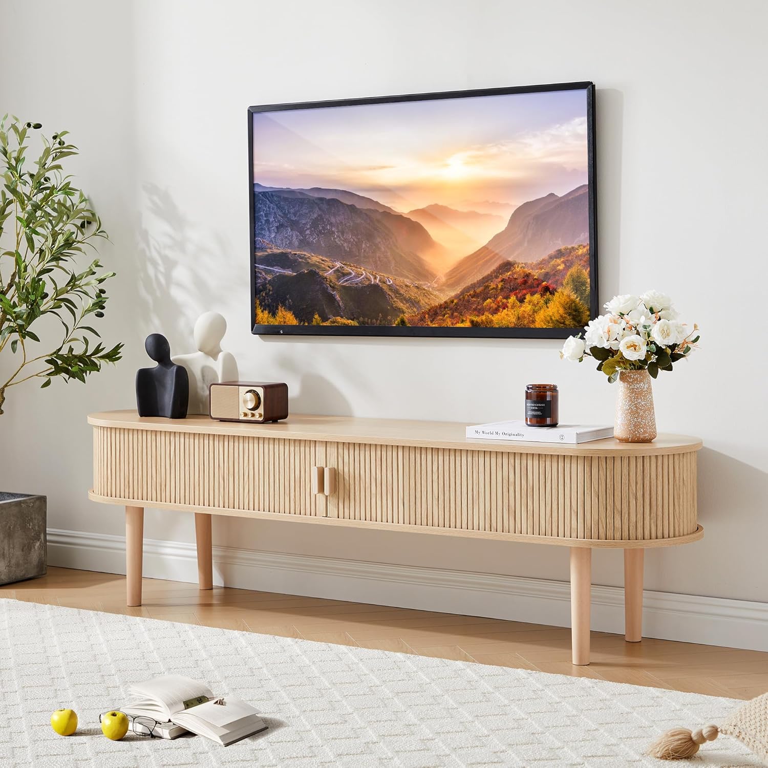 TV Stand, Fully Assembled Fluted Media Console Table with Sliding Doors, Modern Entertainment Center with Storage for Living Room, Home Office (No-Assembly) (Natural)