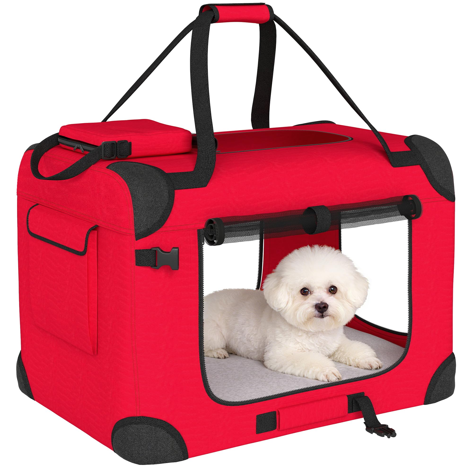 PawHut Transportín para Perros Plegable, 60x41,5x41 cm, Transportín para Mascotas con Ventanas de Malla, Cojín Suave, y 2 Asas, Bolsa de Transporte para Mini Perros, Gatos, Rojo