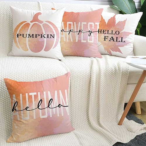 Miniatura 10 de Juego de 4 fundas de almohada de otoño de 12 x 20 pulgadas, diseño de calabaza y hoja de arce con texto en inglés "Hello Fall Happy Harvest" para