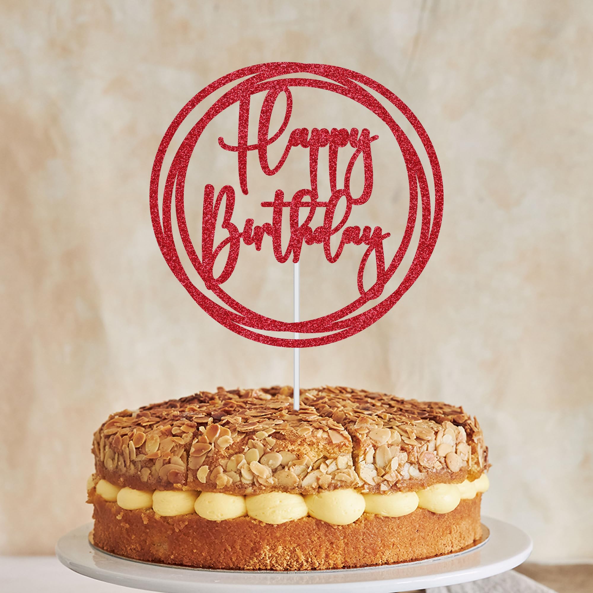 Personalize Pro Happy Birthday - Round Cake Topper, Double Sided Glitter Cake Topper, Cake Topper for Dessert and Party Pastries, Party Decor Girl Boy Kids Women Men, Red