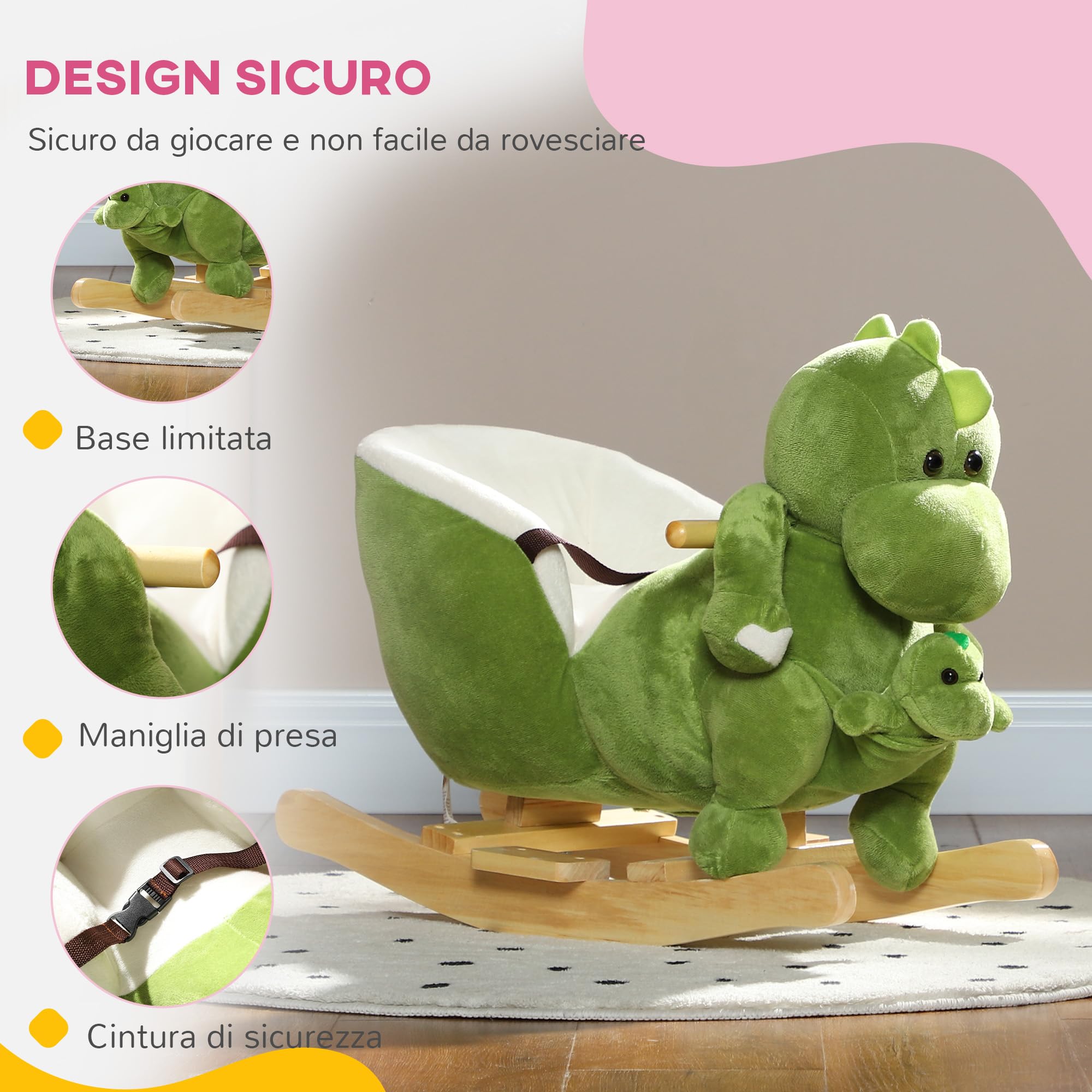 AIYAPLAY Cavallo a Dondolo per Bambini a Dinosauro con Marionetta, Cavallino Cavalcabile con Suoni e Rivestimento Morbido, Età 18-36 Mesi, Verde