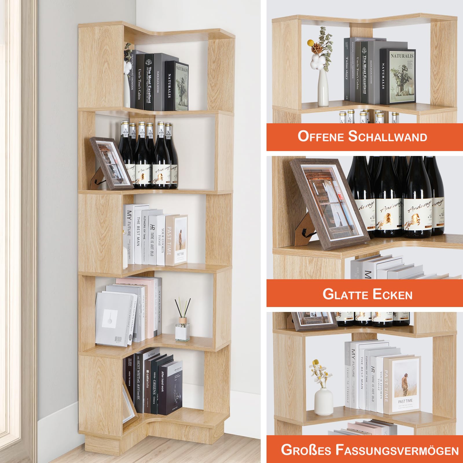 uyoyous Estantería esquinera de 5 niveles, de pie, 175 cm de altura, de madera, gran estantería abierta, estantería de almacenamiento, armario de esquina para salón, dormitorio, estudio y oficina