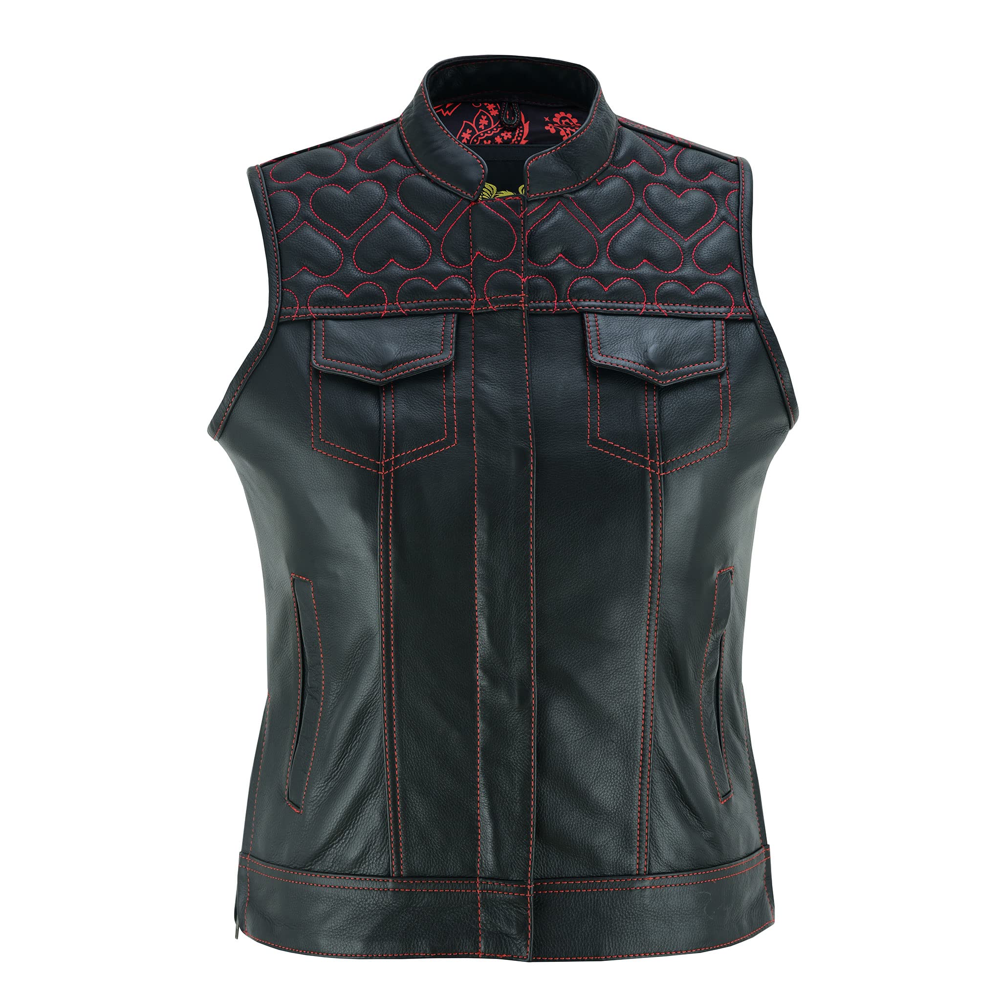 LeatherickLadies Black Leather Motorcycle Vest - Traditional Paisley Satin Lining with Pink Heart Stitching