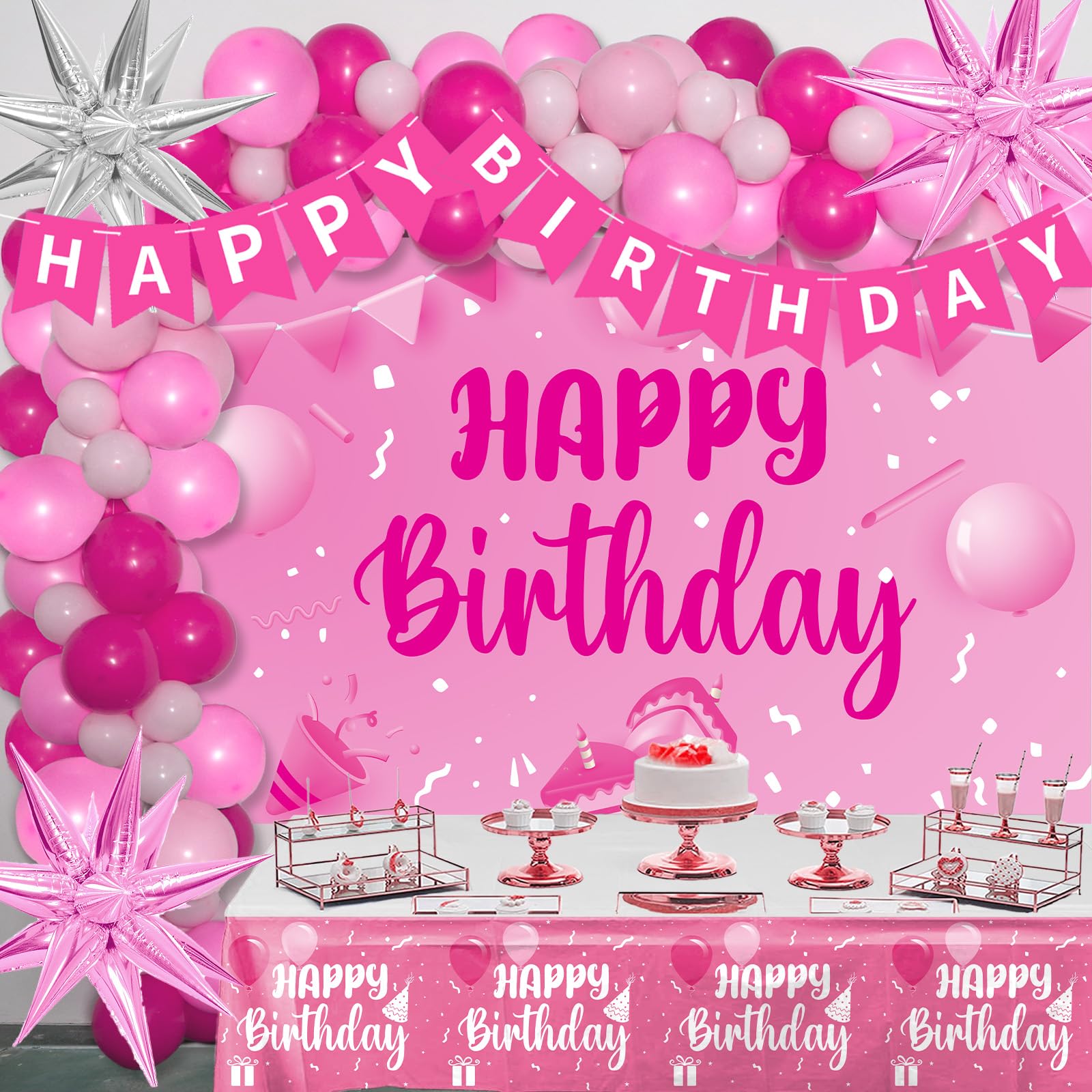 Pink Birthday Decorations for Women Girls, 96PCS Hot Pink Party Decorations Happy Birthday Banner Backdrop Star Silver Rose Red Balloons Arch Tablecloth Balloon Garland Party Supplies