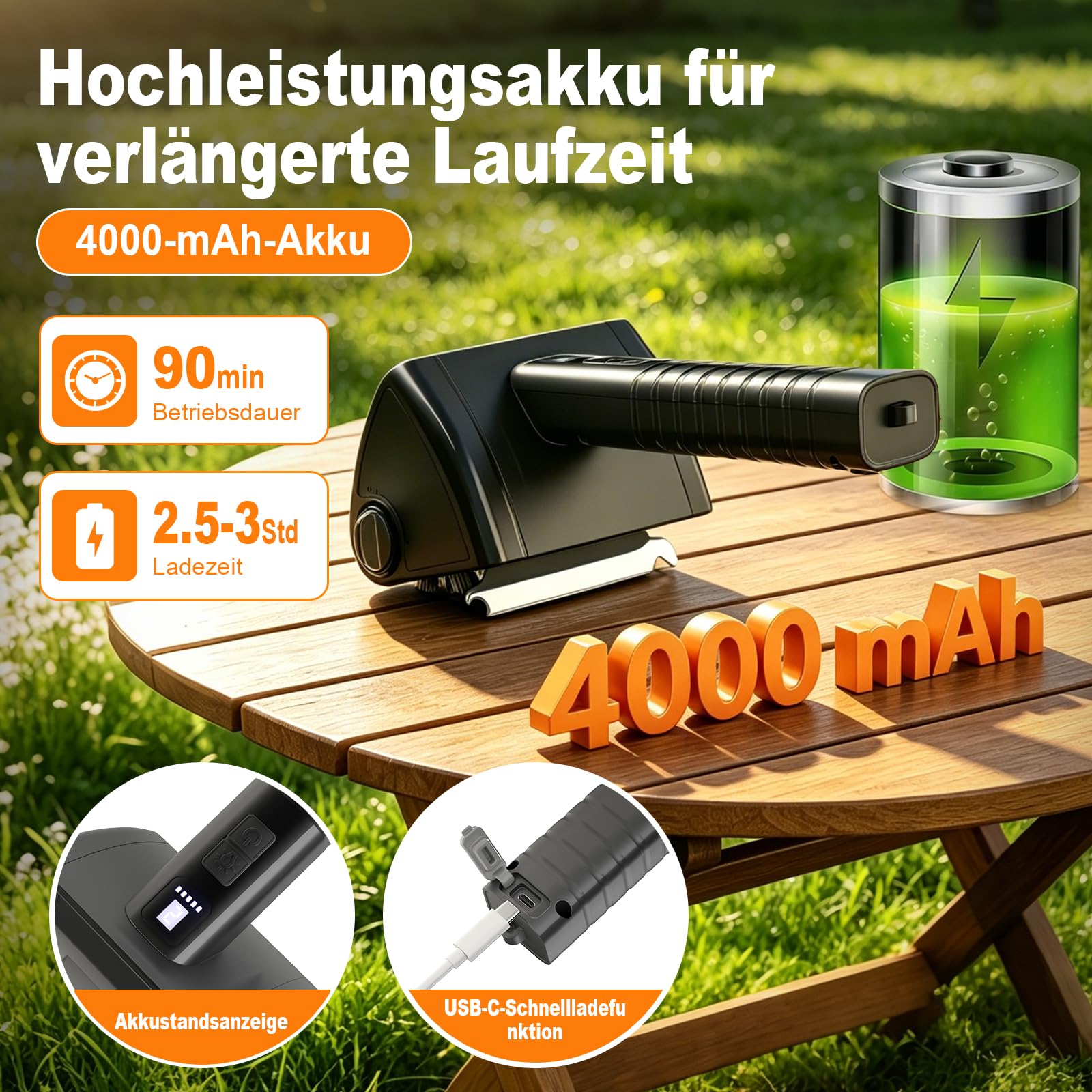 Elektrische Grillbürste Kabellos 4000mAh Akku 304 Edelstahl für Grillrost | Reinigungsbürste mit 2-Stufen Reinigung, 90 Min Laufzeit, LED-Licht, Wasserdicht und BBQ-Grillbürste für Männer