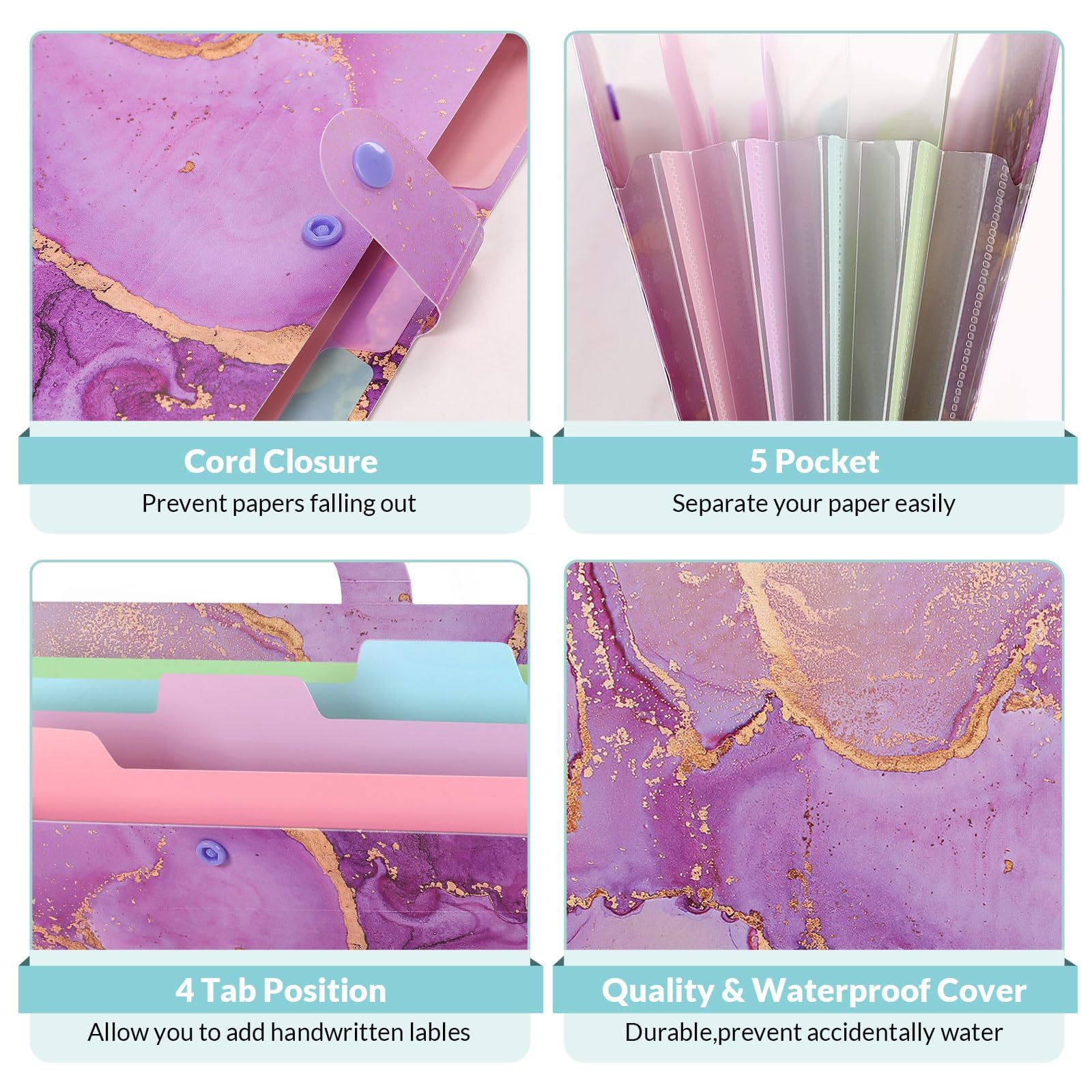 Organiseur De Documents A4 Extensible 5 Poches - En Plastique, Motif Marbre, Pour Bureau, école Ou Maison (violet)