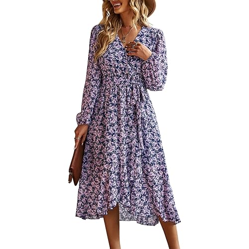 PRETTYGARDEN Women's Floral Print Boho Dress Long Sleeve Wrap V Neck Ruffle Belted A-Line Flowy Maxi Dresses