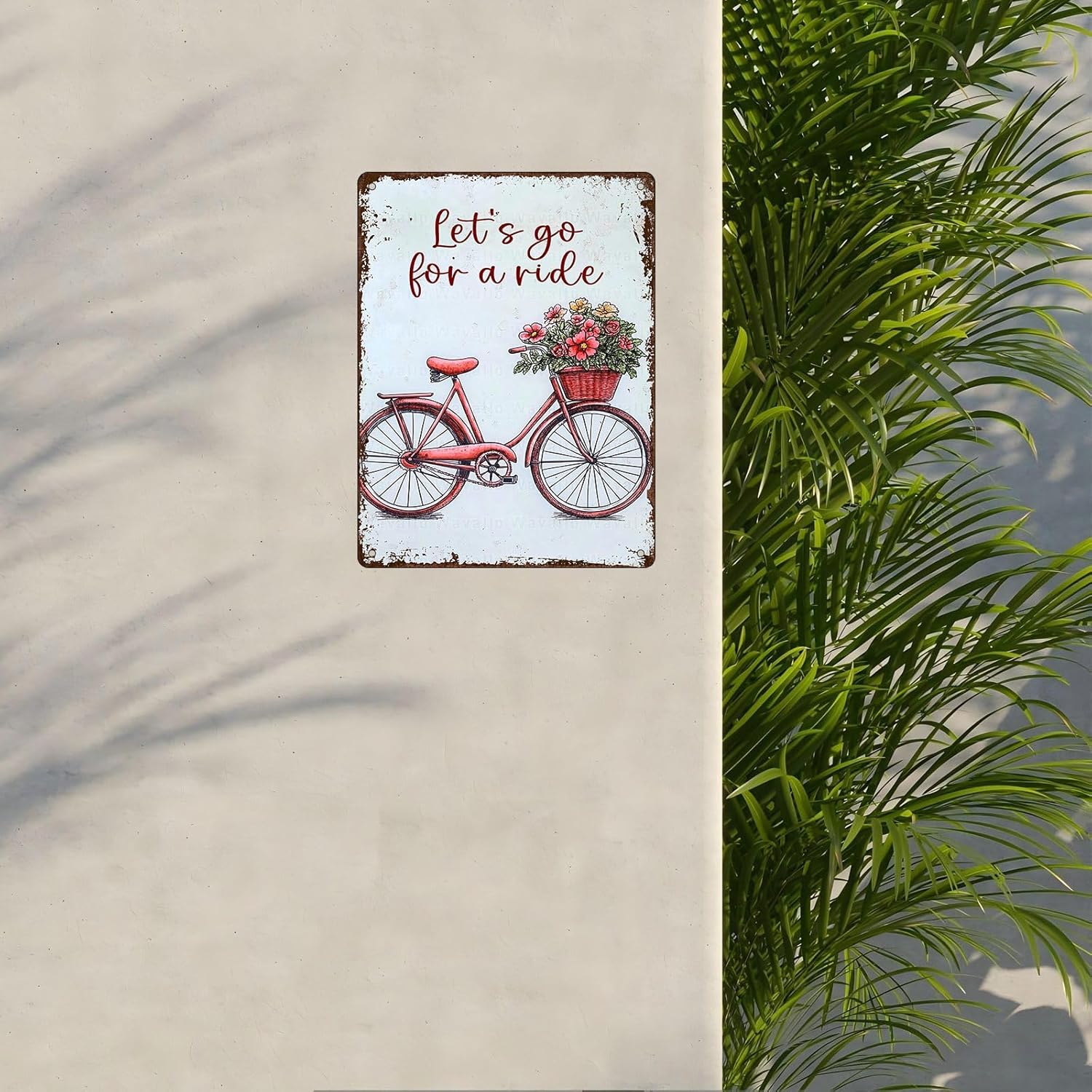 Bike Flower Vintage Metal Sign Rustic Wall Art Lets Go For A Ride Tin Plaque Poster For Outdoor Home Garden Decor 12x16inch