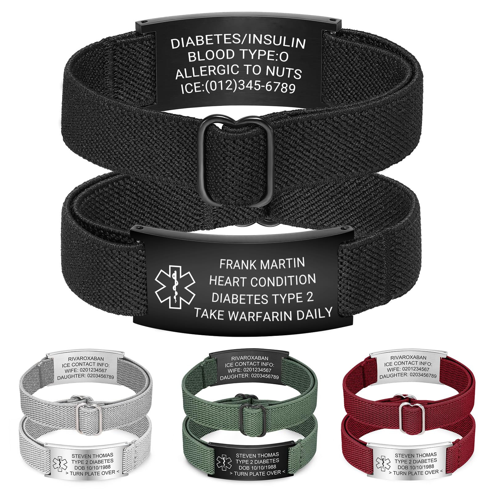 Pulsera de alerta médica personalizada de acero inoxidable grabada con correa elástica para diabetes epilepsia