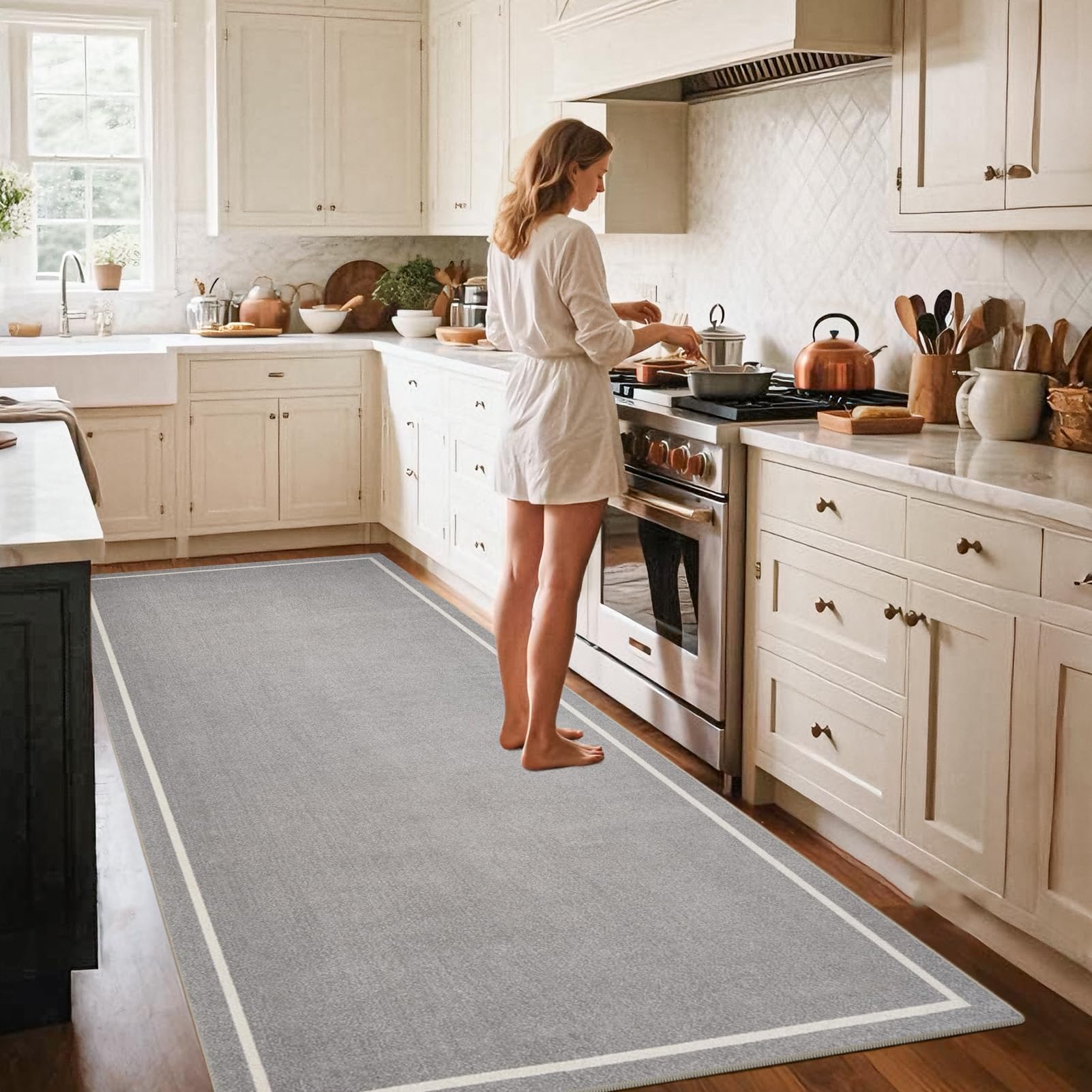 Teppich Läufer Flur rutschfest Küchenteppich Waschbar 60 x 180 cm Grau Flurläufer Teppichläufer Fußmatte Lang Korridor Teppiche Läufer für Küche, Wohnzimmer, Schlafzimmer