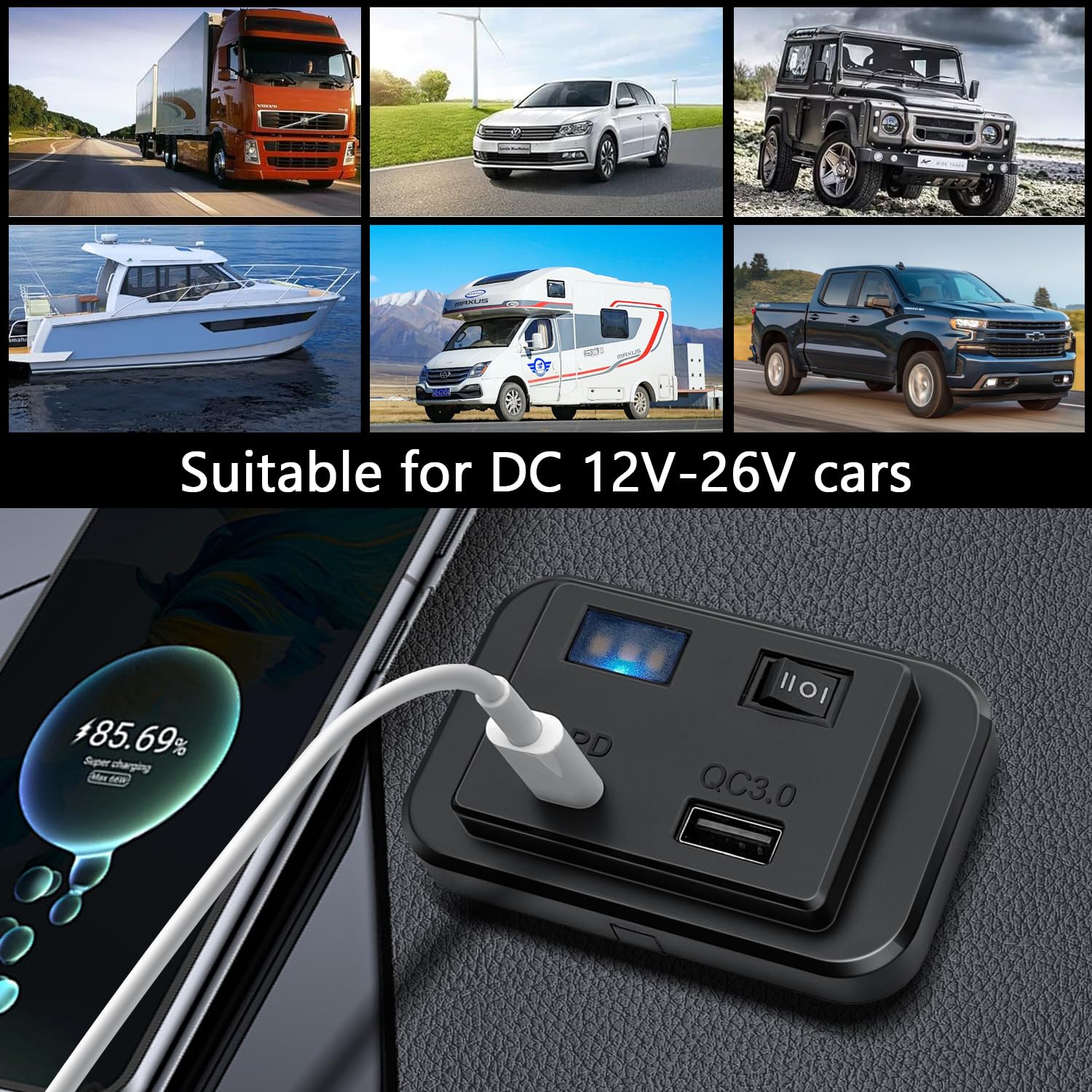 Presa USB Auto Con Luce Notturna - Ricarica Rapida PD/QC 3.0 Per Camper E Barche
