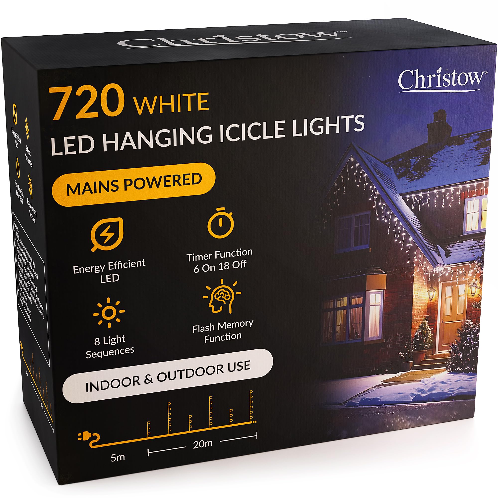 Christow White Hanging Icicle Christmas Lights, 720 Led, 20M Lit Length, Indoor & Outdoor, Mains Powered With Timer, 8 Flash Lighting Modes With Memory, Fairy String Light Xmas Decorations