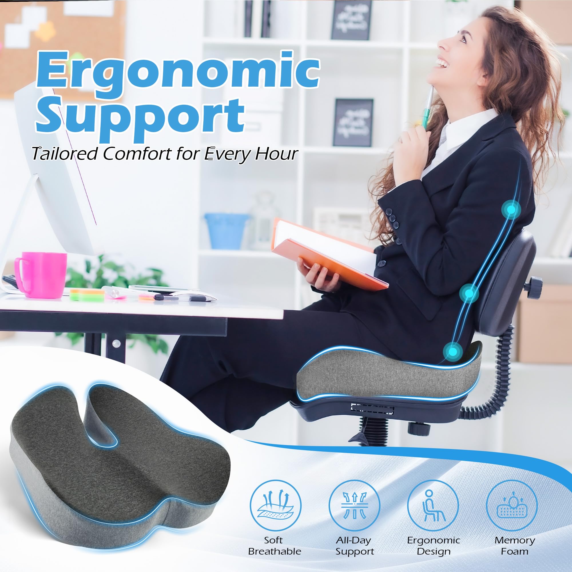 Lofty Aim Cuscino per sedia da ufficio: cuscino ergonomico in memory foam, cuscino per alleviare il dolore al coccige, sciatica, cuscino da scrivania per sedia da ufficio, seggiolino auto, aereo