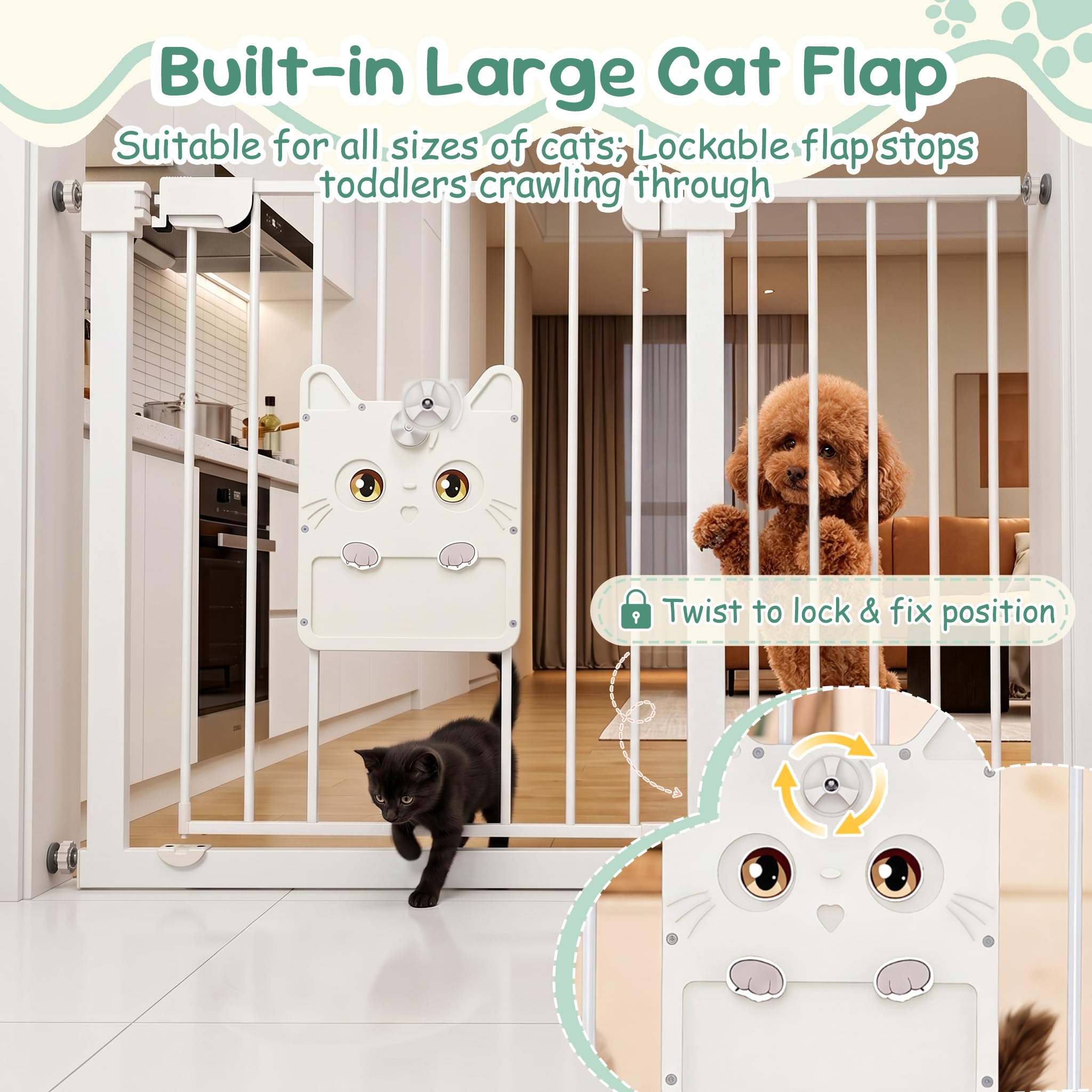 UISEBRT Türschutzgitter Treppengitter ohne Bohren mit großer Katzenklappe für Breiten 105-115 cm,180° beidseitig öffnen Autoclose Doppelschloss Metall Absperrgitter für Baby Hund Katze,Weiß