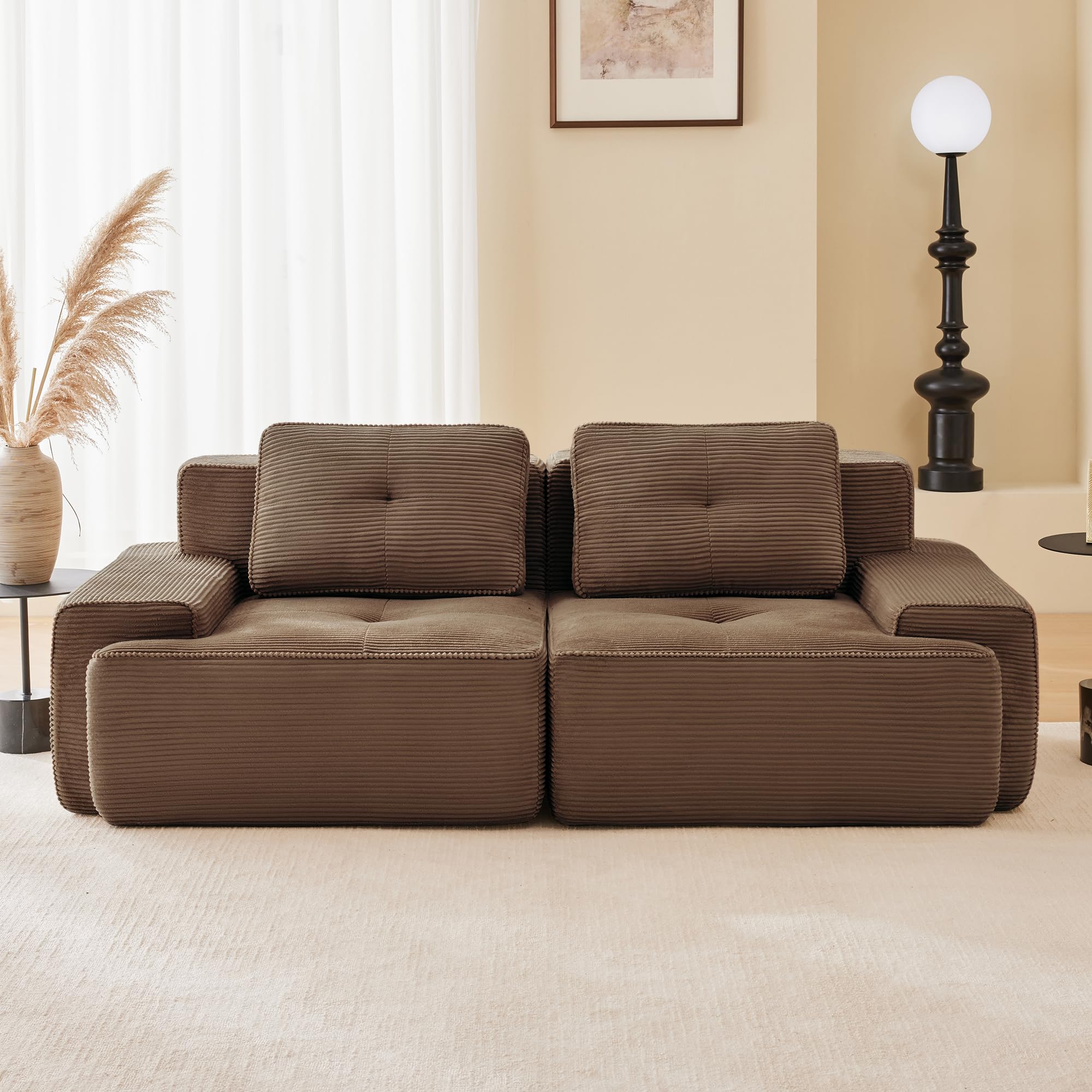 Boneless Sofá modular, moderno para salón con asiento bajo de 74 cm, sofá de pana, sofá tapizado en la nube combinable, para salón (marrón, 2S)