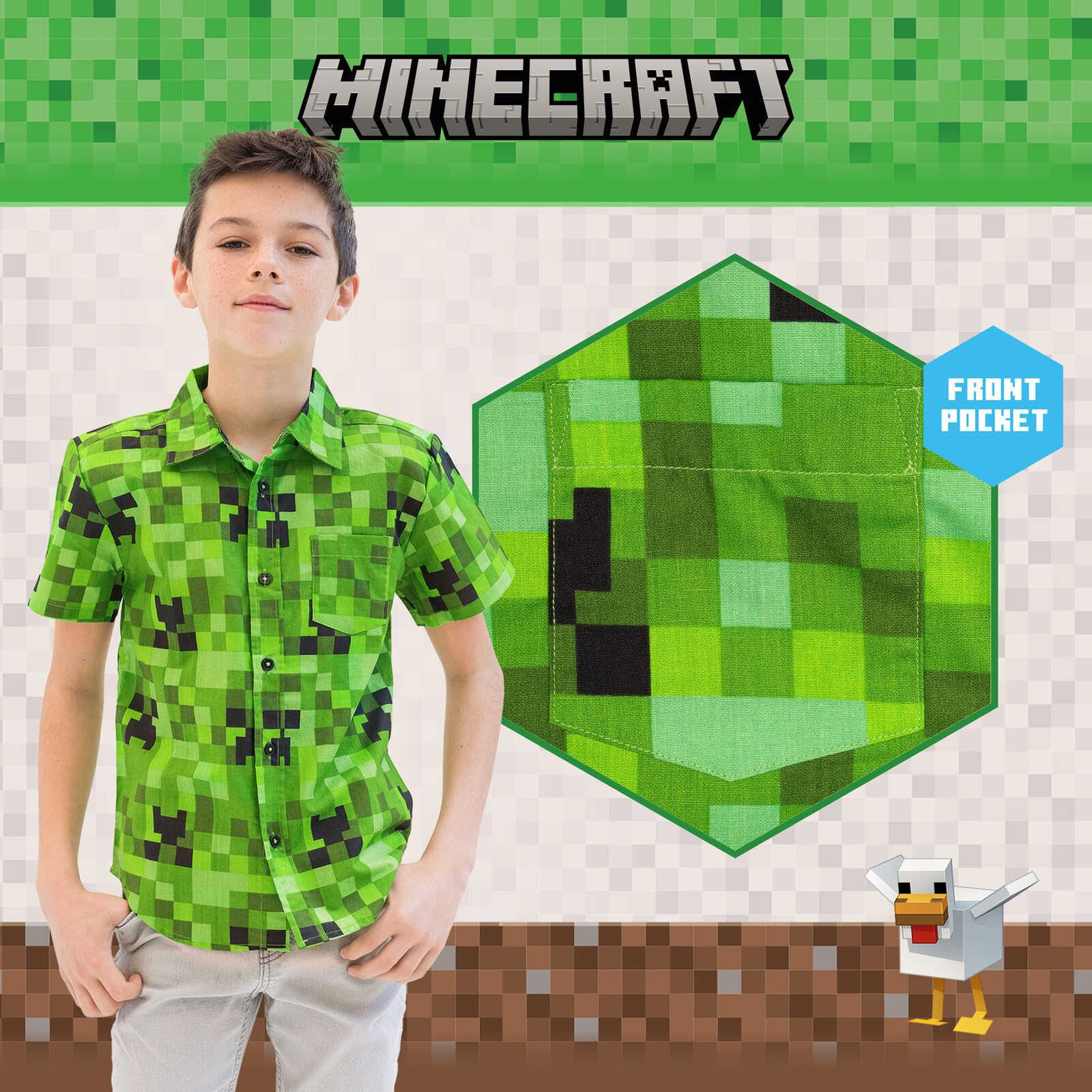 Minecraft Creeper Kurzärmeliges Hemd mit Knopfleiste