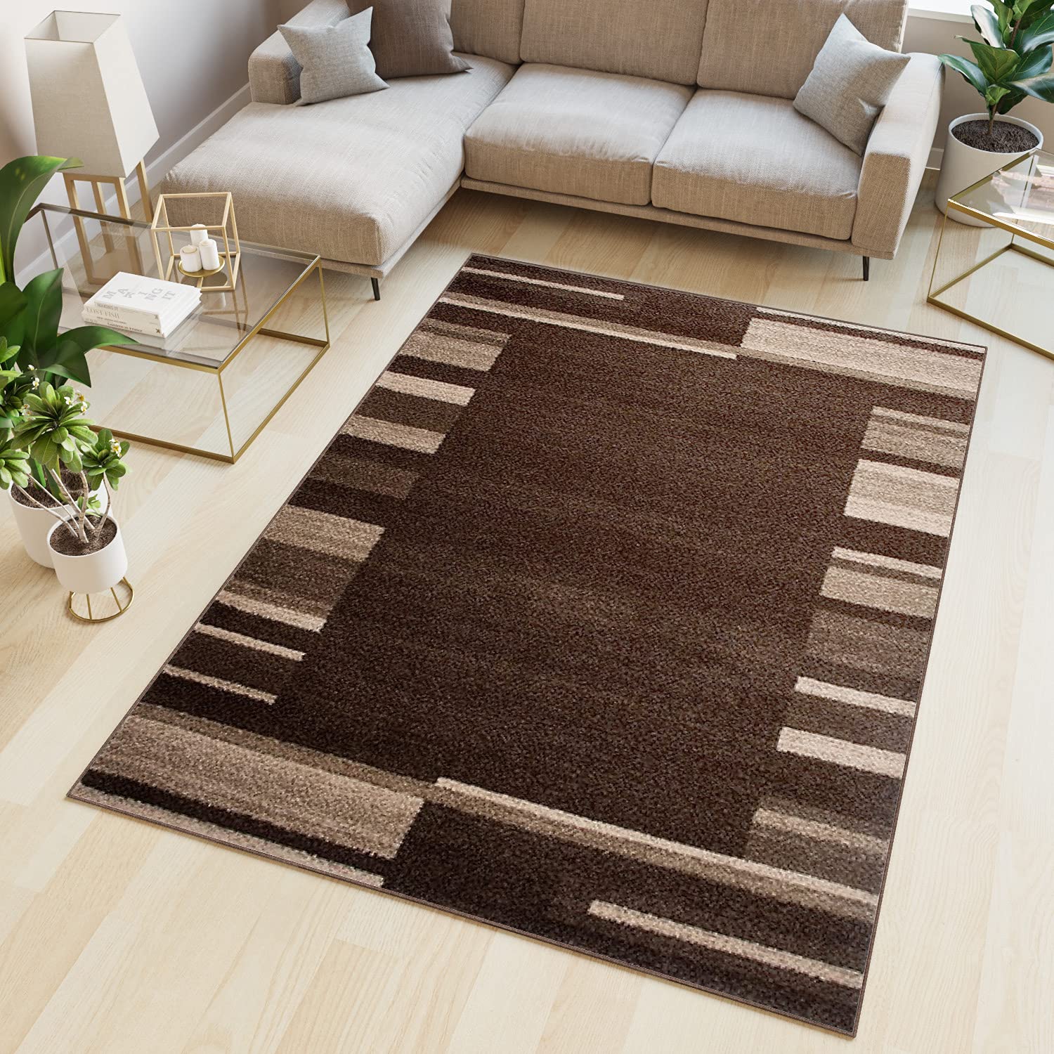 Tapiso Brown 3 Sari Area Rug Living Room Bedroom Durable Carpet Brown Contemporary Frame Stripes Modern Size - 140 X 190 Cm (4Ft7 X 6Ft3)