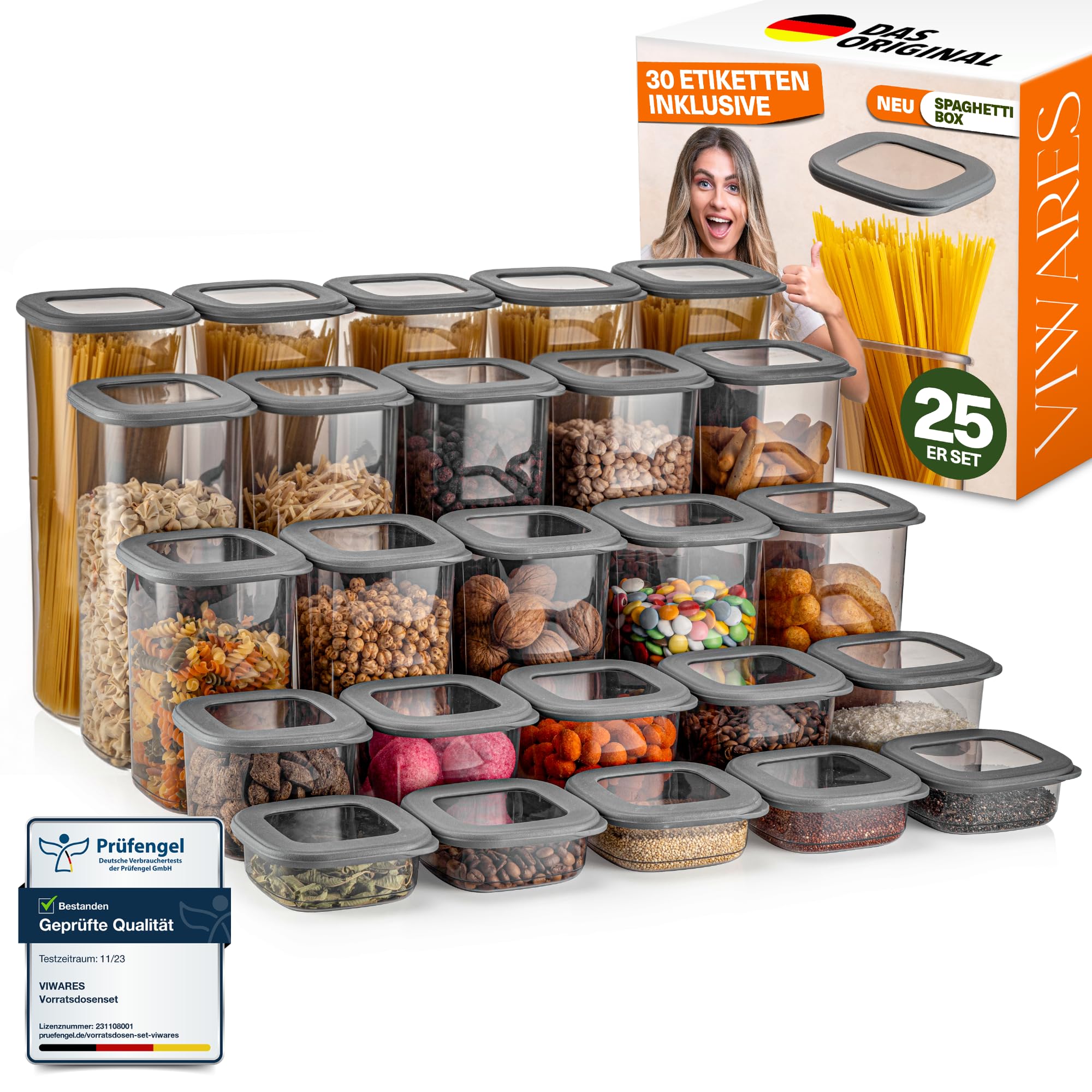 Viwares Contenitori con coperchio, ermetici, set da 25 contenitori senza BPA, per la conservazione della farina di cereali, cucina, pratico organizer da cucina, contenitori per alimenti