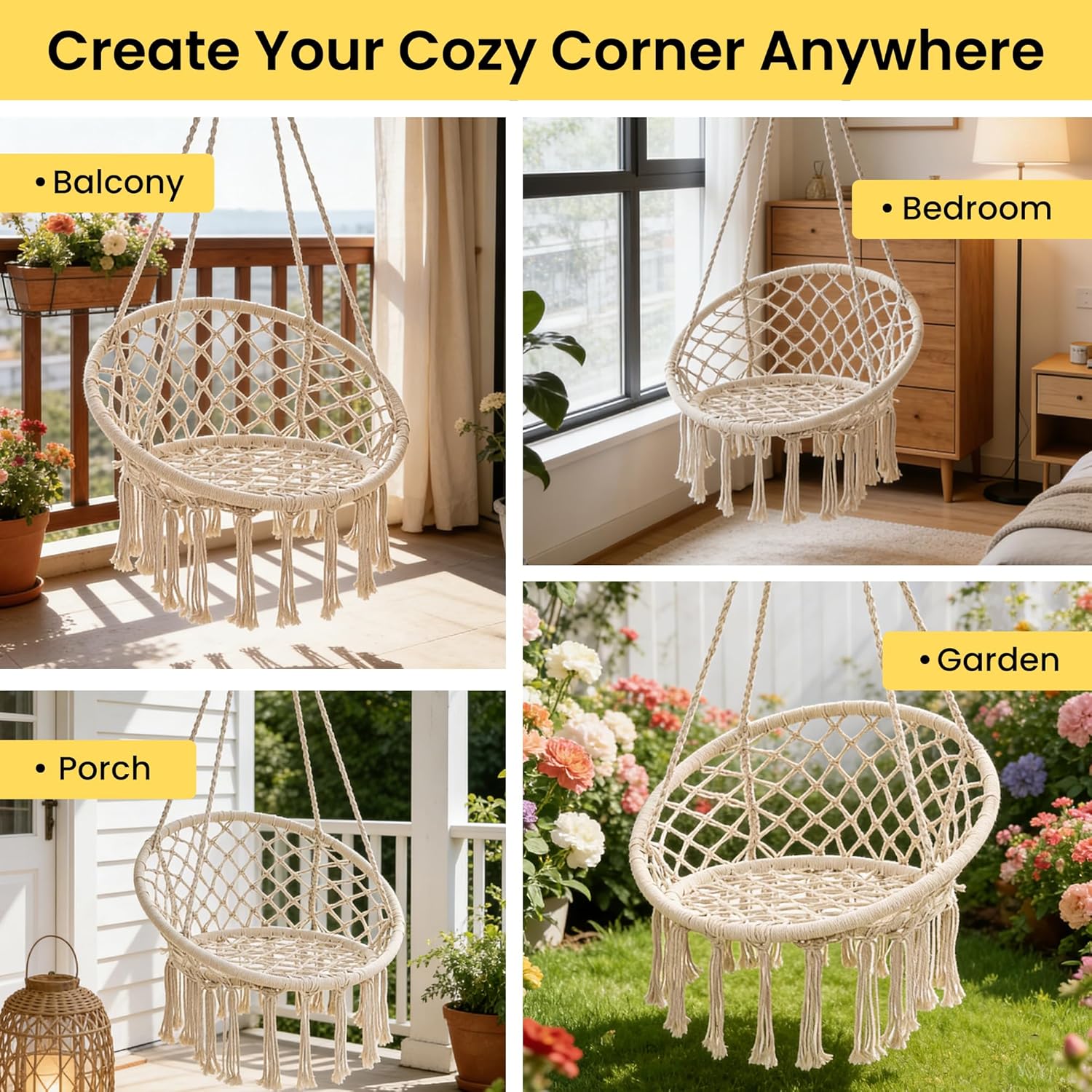 Pamapic Cotton Rope Macrame Porch Swing with Hanging Hardware