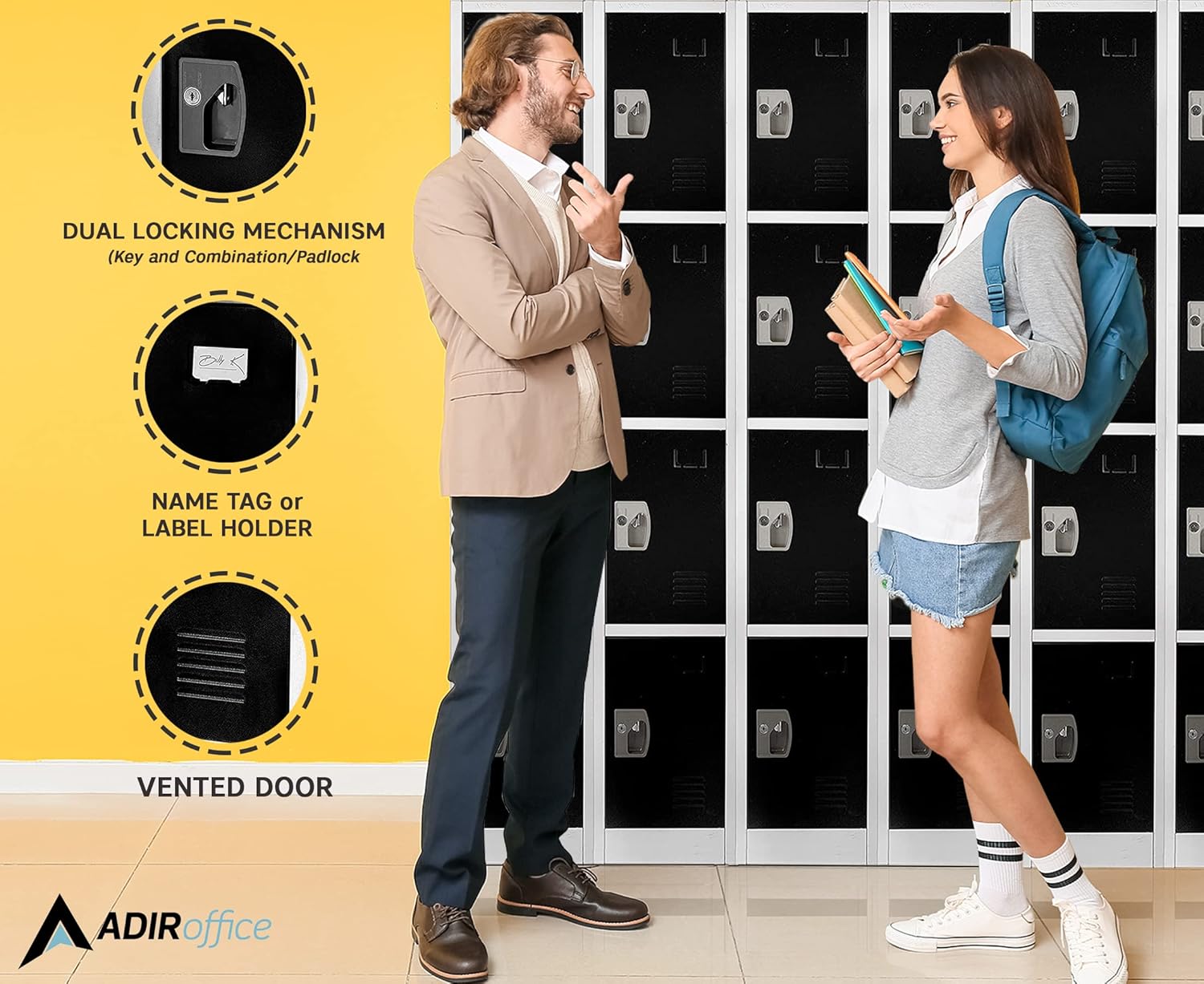 AdirOffice Large School Locker with 4 Doors 4 Hooks Storage Locker for Garage Storage - Office Storage Lockers (4 Door, Black)