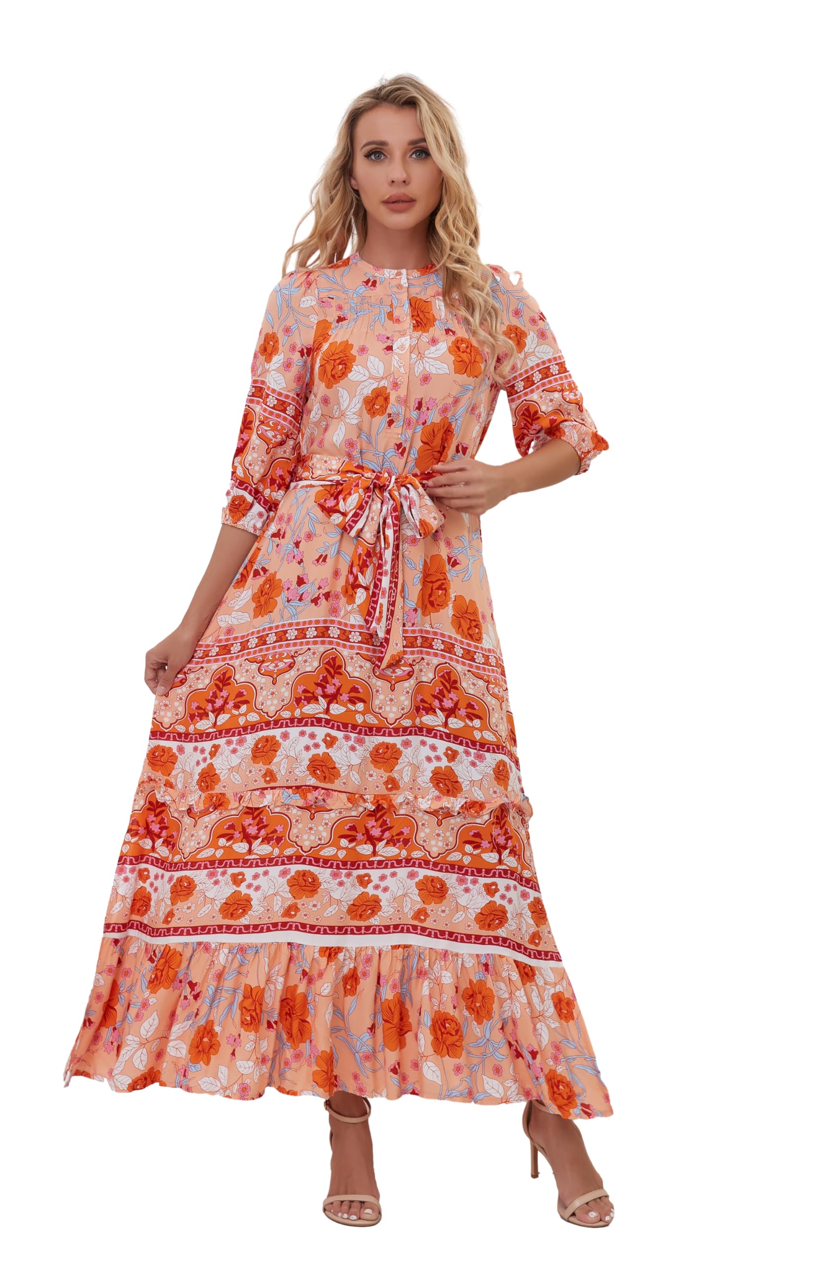 Women Boho High-Waist Floral Print Maxi Dress 3/4 Sleeve Casual | Soft Rayon, Breathable, Quick-Dry. High-Waist with Adjustable Belt, Flattering Hem. Ideal for Beach, Work &amp; Dating.
