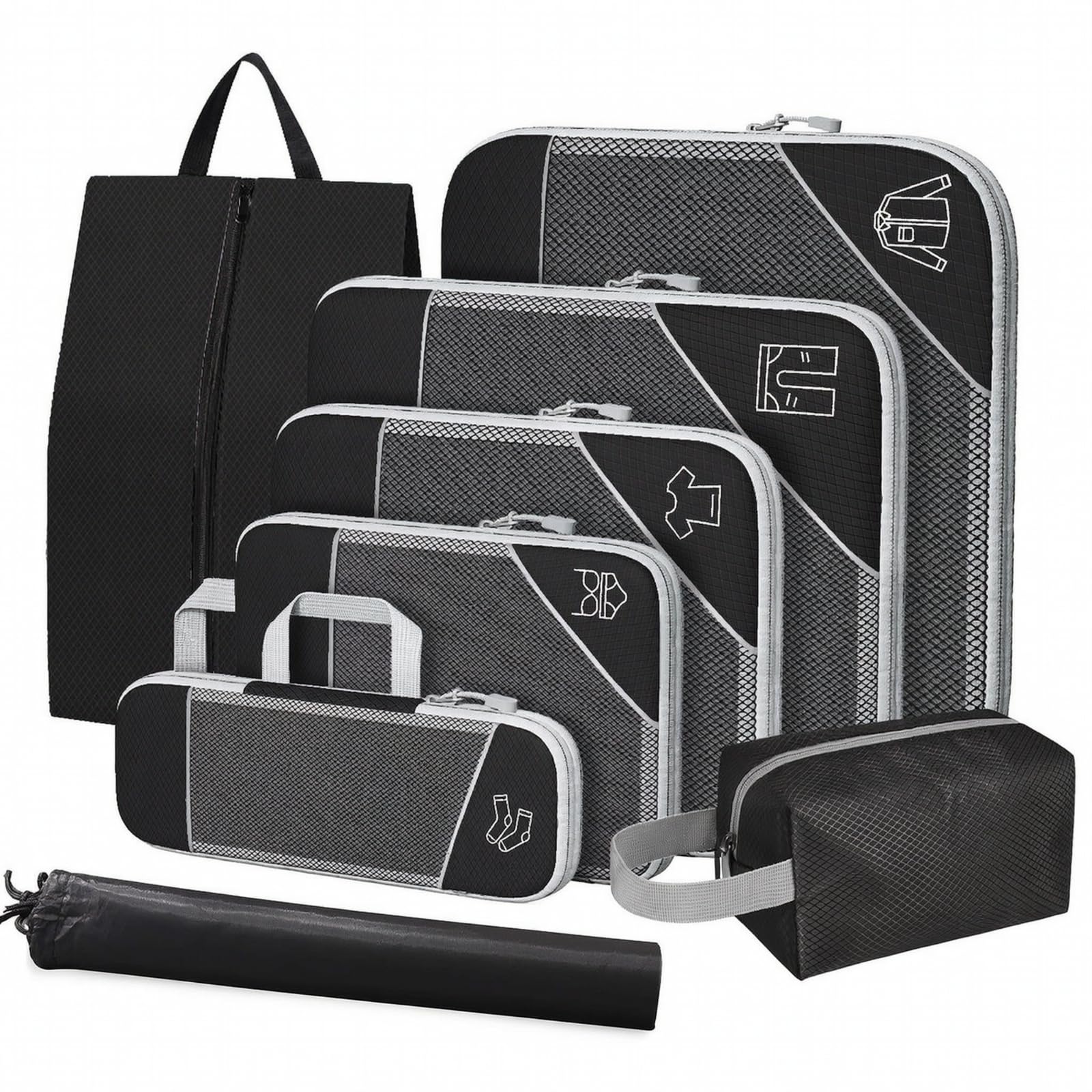 Milageto 8 Pezzi Organizzatore da in Nylon con Scomparti con Cerniera Leggero Set di Sacchetti Organizzatori Rete Traspirante Pieghevole Packing, Nero
