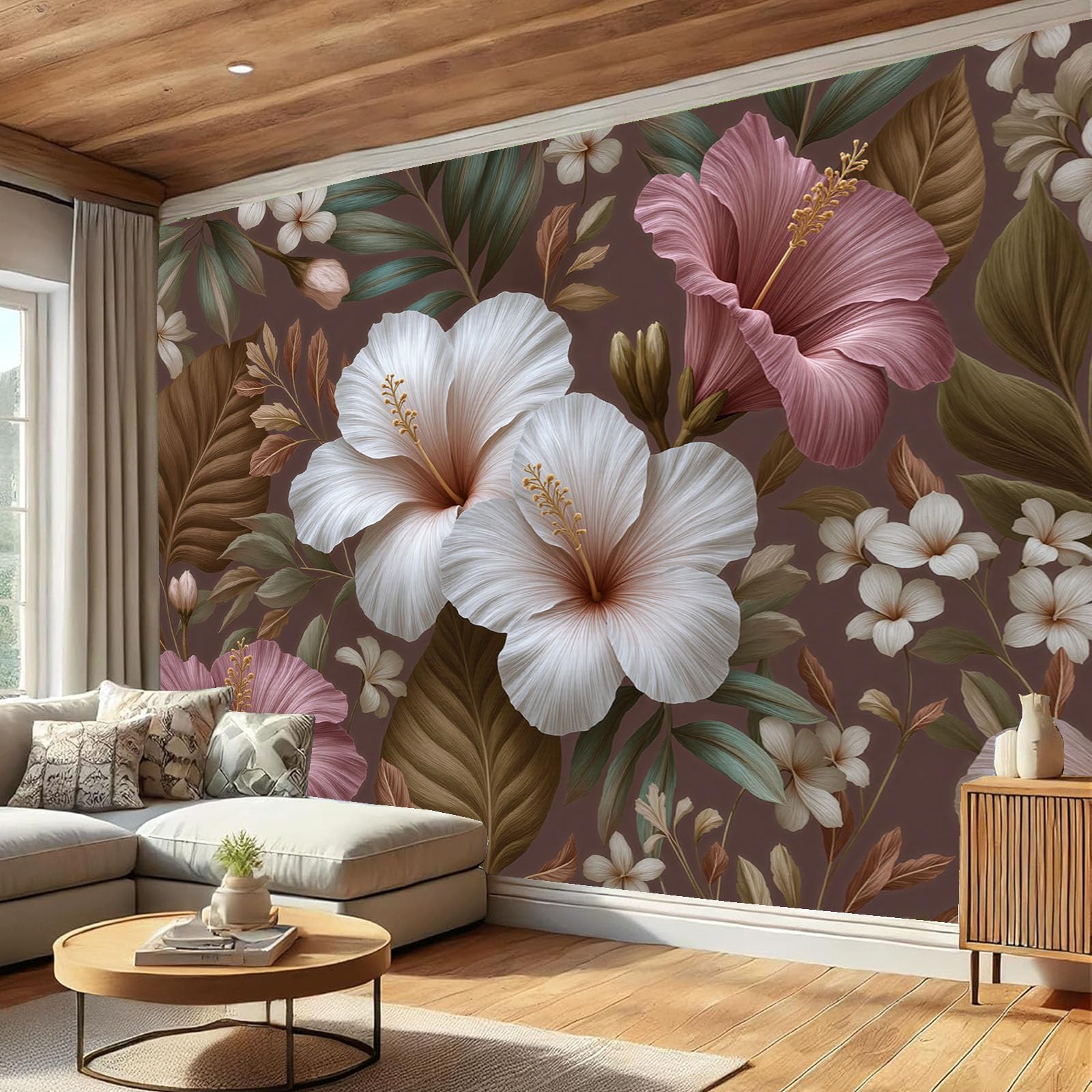 Papier peint panoramique relief d'hibiscus tropical 3D brun 300x210cm