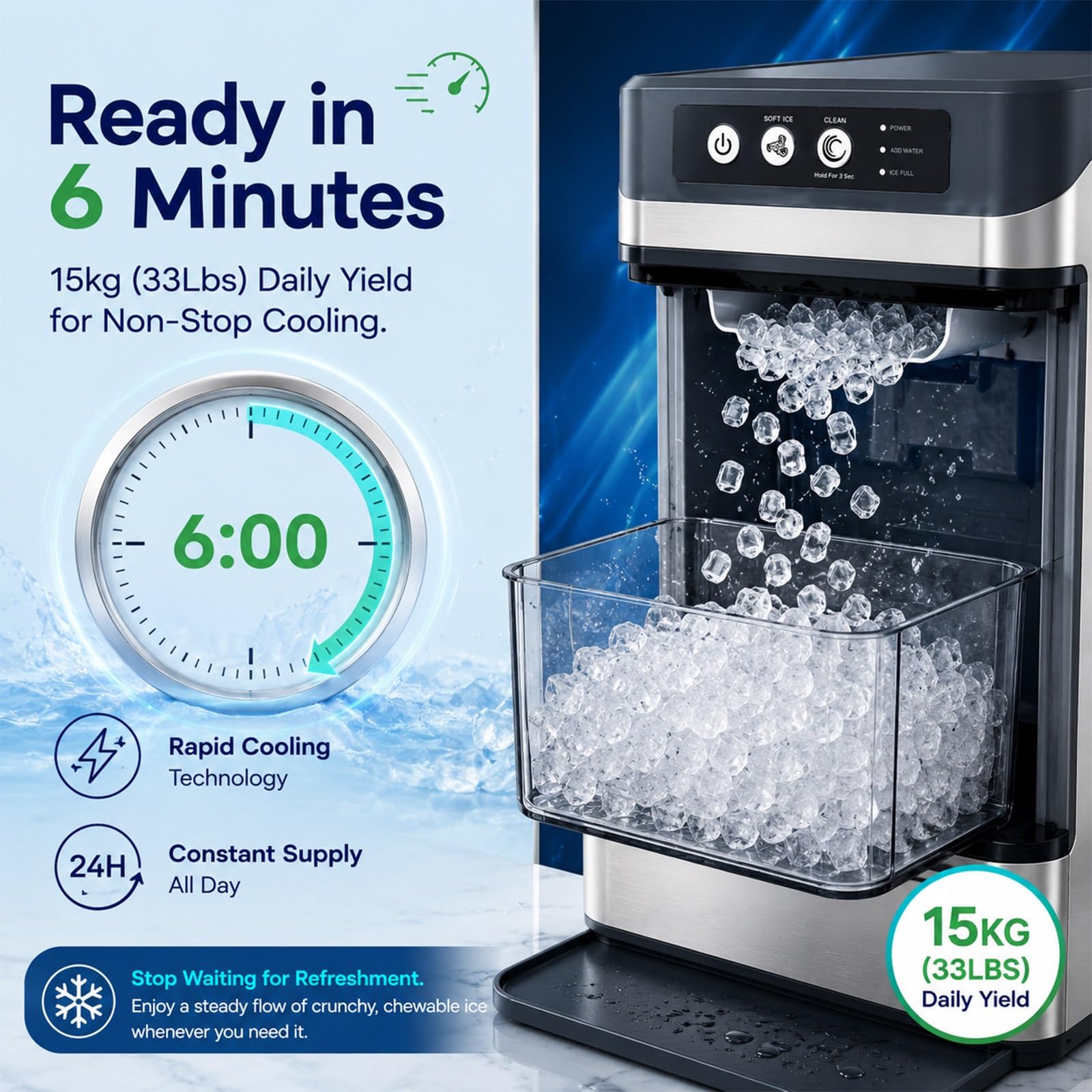 Fabbricatore di Ghiaccio Nugget per Cucina, Ghiaccio Croccante in 6 Min, 15kg al Giorno, Auto-Pulente, Piccola Macchina per Camper e Ufficio, Finitura Inox Elegante