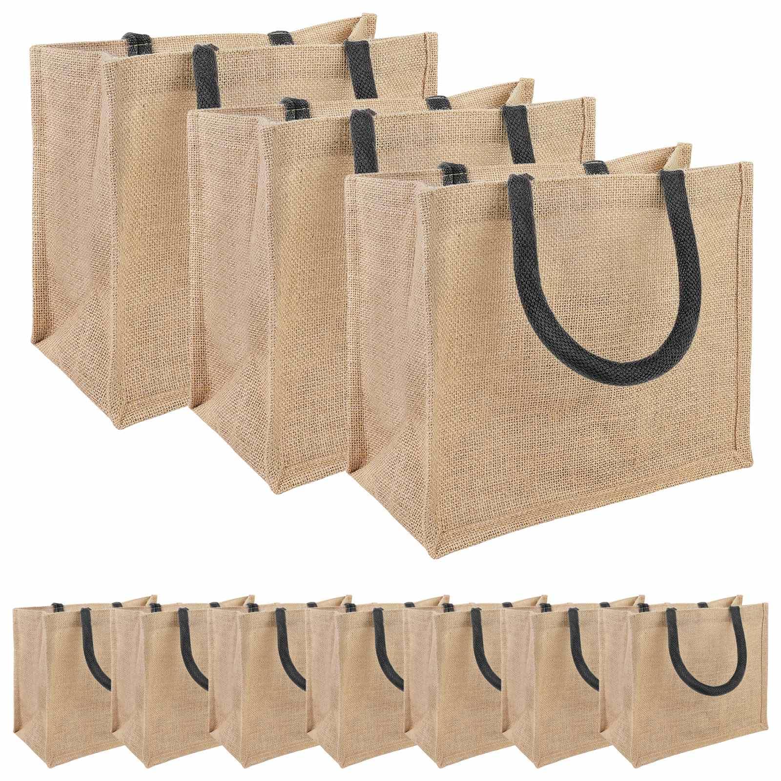 Juego de 10 bolsas de la compra de yute para alimentos, compras y uso diario, sostenibles con forro interior laminado, 26 x 22 x 14 cm