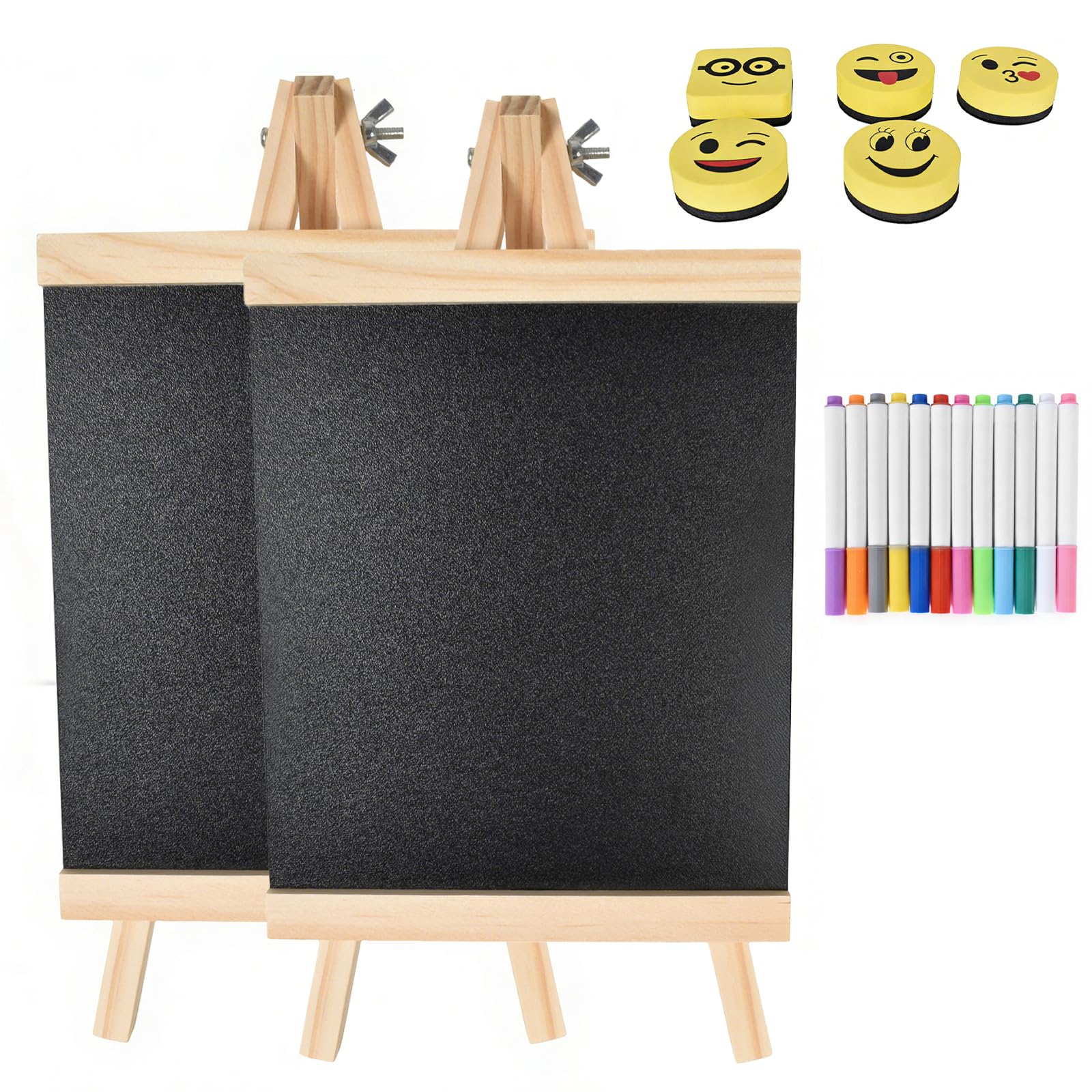 2-Pack Mini Chalkboard Signs with Foldable Wooden Stand, Mini Chalk Boards 17.5x16cm (29cm Set Height), Includes 12 Color Erasable Chalk Pens and 5 Magnetic Whiteboard Erasers for Events and Decor