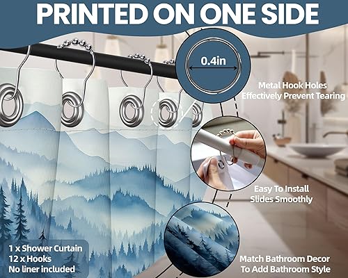 Miniatura 5 de Cortina de ducha azul marino de bosque Cortina de ducha azul oscuro de montaña y naturaleza para decoración de baño de hombres, tela impermeable con