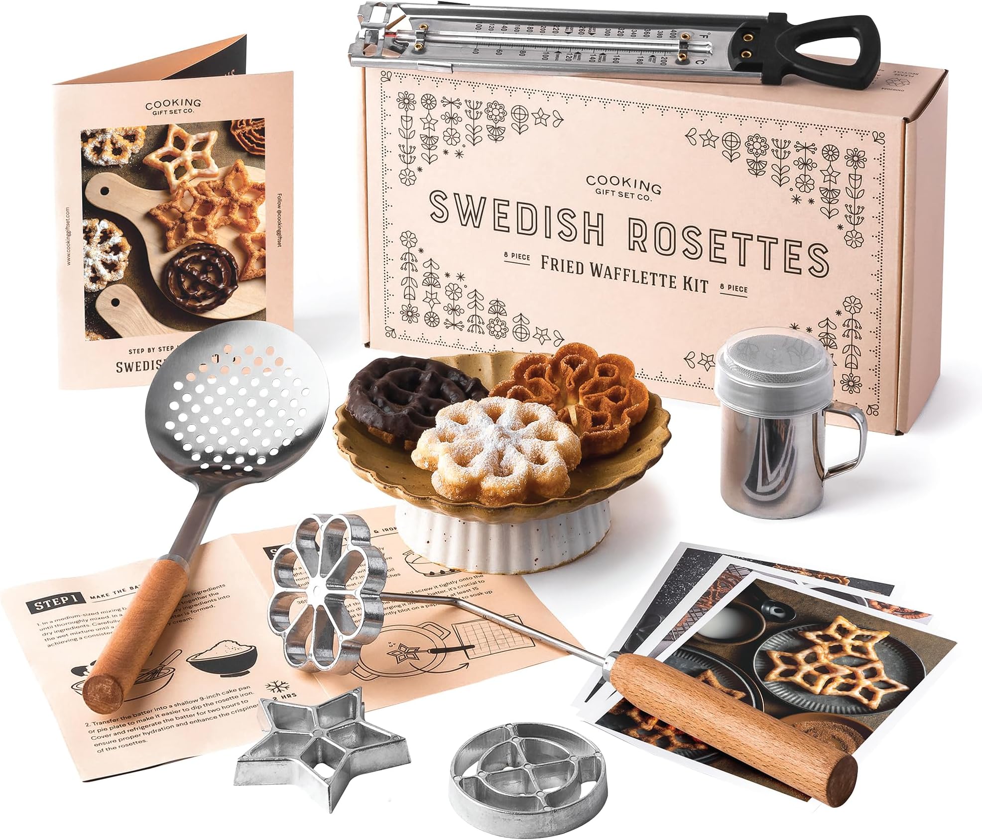 Swedish Rosette Iron Set with Handle Cooking Gifts – Rosette Maker & Bunuelos Mold Valentine's Day Baking Essentials | Funnel Cake Maker & Waffle Iron Kit – Rosettes Unique Baking Gift Set for Women
