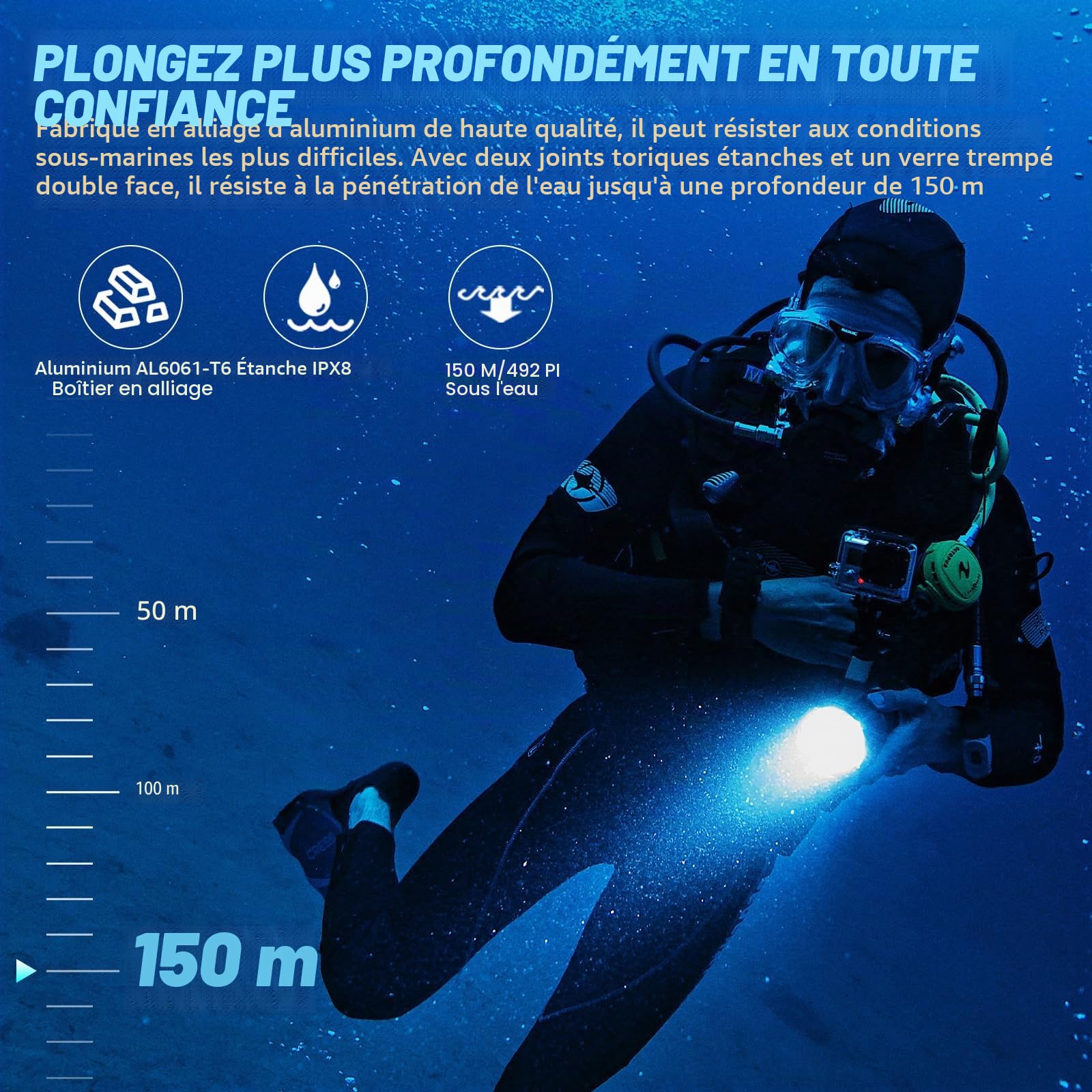 Wurkkos 2000 Lumens Lampe de Plongée Très Lumineuse, étanche IPX-8 Torche de Plongée, Eclairage Submersible avec Ampoule SST40 LED, 1 Pile 3000mAh pouvoir et Chargeur Inclus