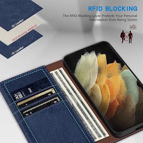 Miniatura 3 de ZZXX Funda tipo cartera para Samsung Galaxy S21 Ultra con bloqueo RFID, soporte de ranura para tarjetas, funda protectora de cuero magnético fuerte