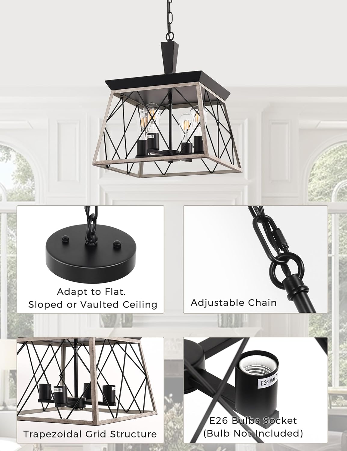 DORESshop 4-Light Rustic Farmhouse Chandelier for Dining Room, 15 Black and Rust Dining Room Light Fixtures, Adjustable Hanging Vintage Trapezoidal Grid Light Fixture for Kitchen Island, E26 Base
